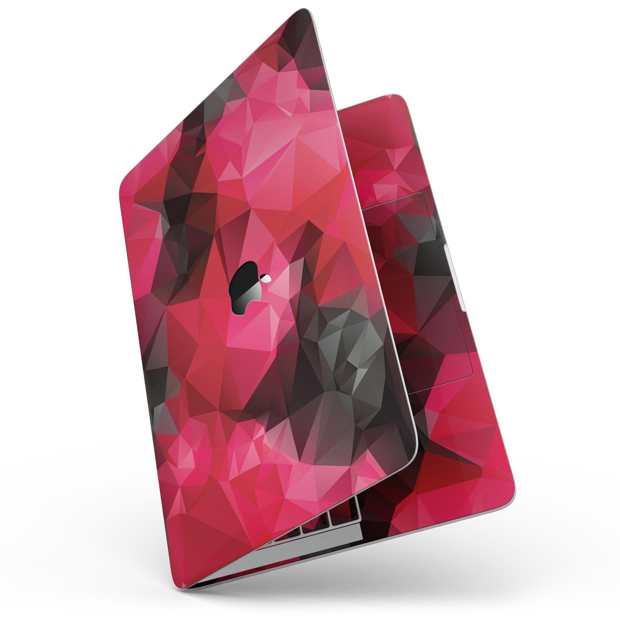 Bright Pink and Gray Geometric Triangles skin for MacBook Pro with Touch Bar, showcasing vibrant colors and geometric patterns.