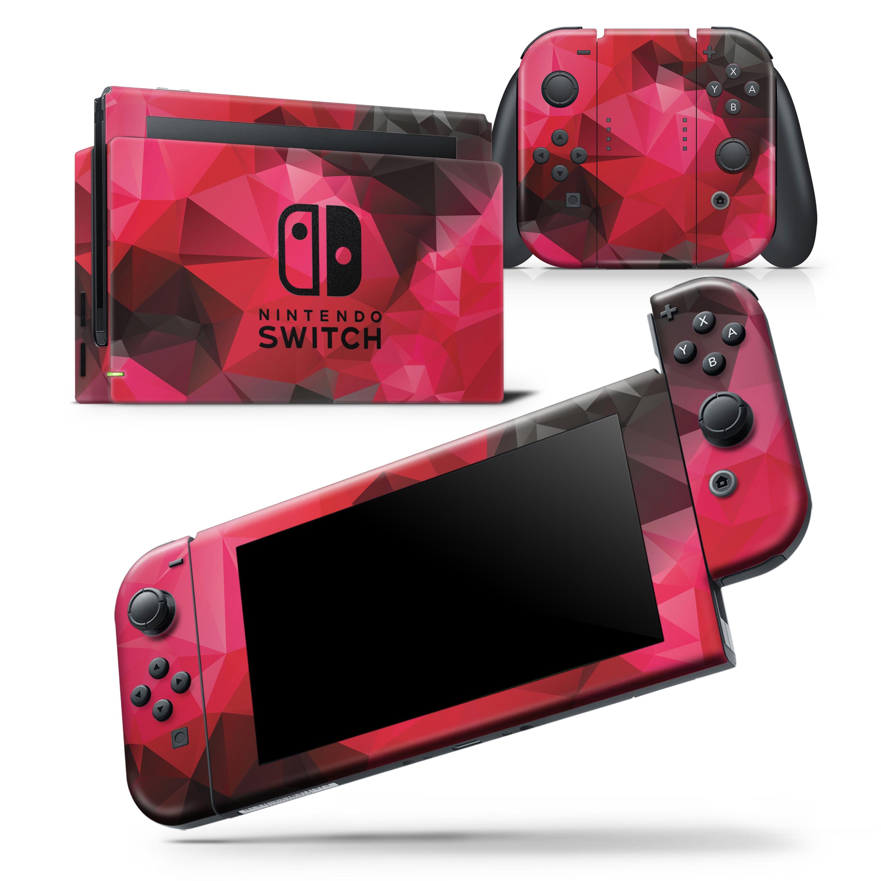 Bright Pink and Gray Geometric Triangles skin wrap decal for Nintendo Switch, showcasing a stylish design that fits snugly on the console and controllers.