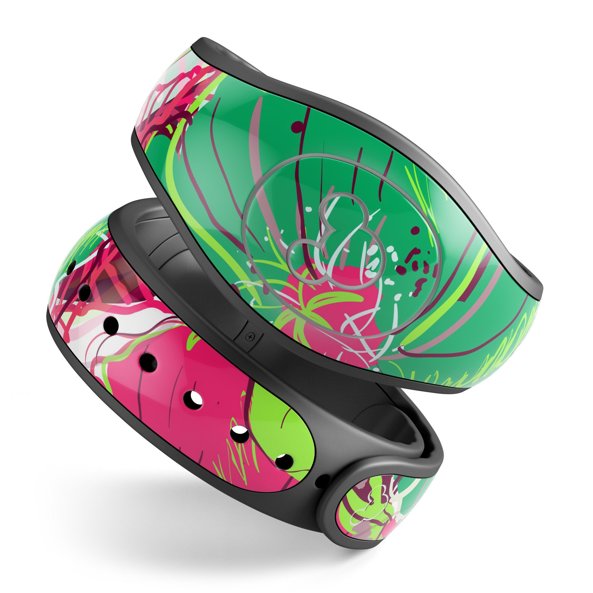 Bright Pink and Green Flowers decal skin wrap kit for Disney Magic Band, showcasing vibrant floral patterns and high-quality finish.