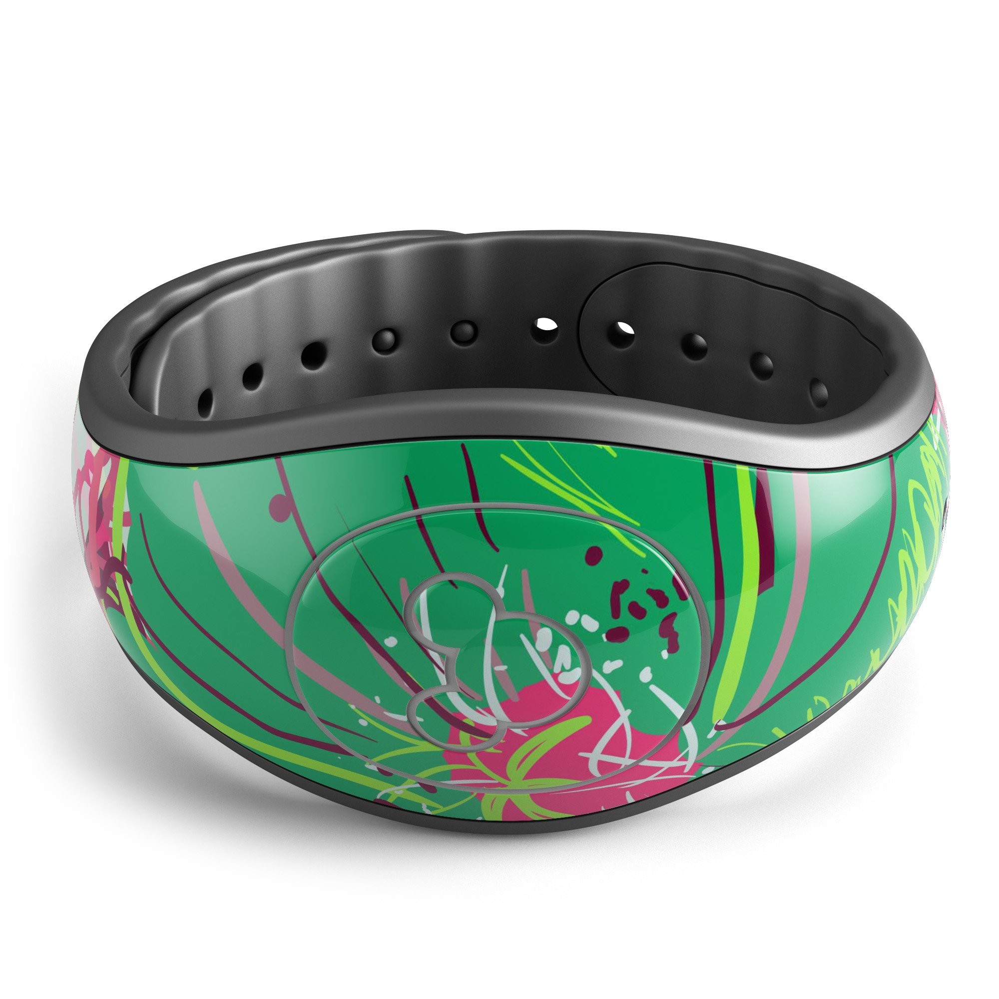 Bright Pink and Green Flowers decal skin wrap kit for Disney Magic Band, showcasing vibrant floral patterns and high-quality finish.