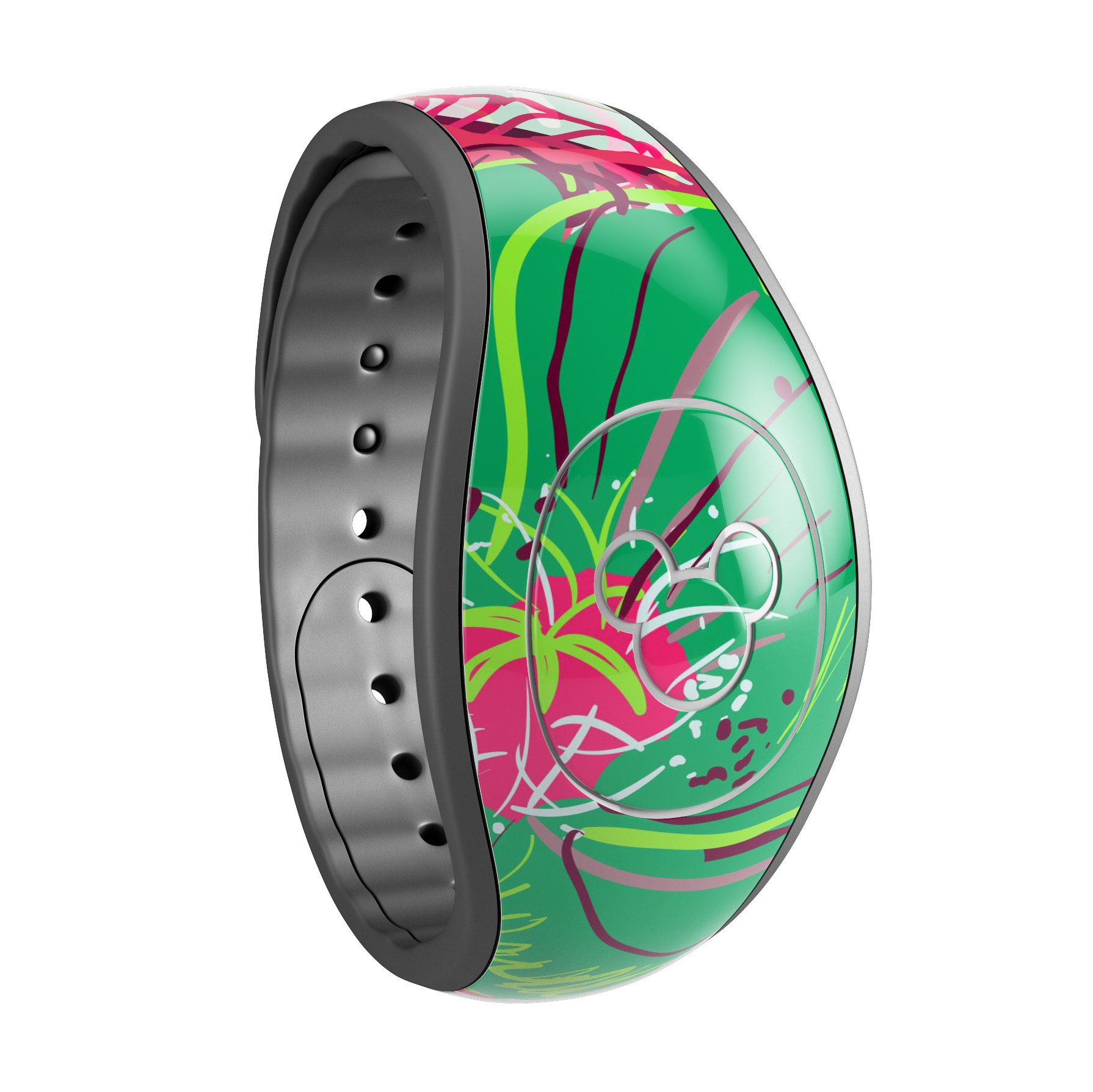 Bright Pink and Green Flowers decal skin wrap kit for Disney Magic Band, showcasing vibrant floral patterns and high-quality finish.