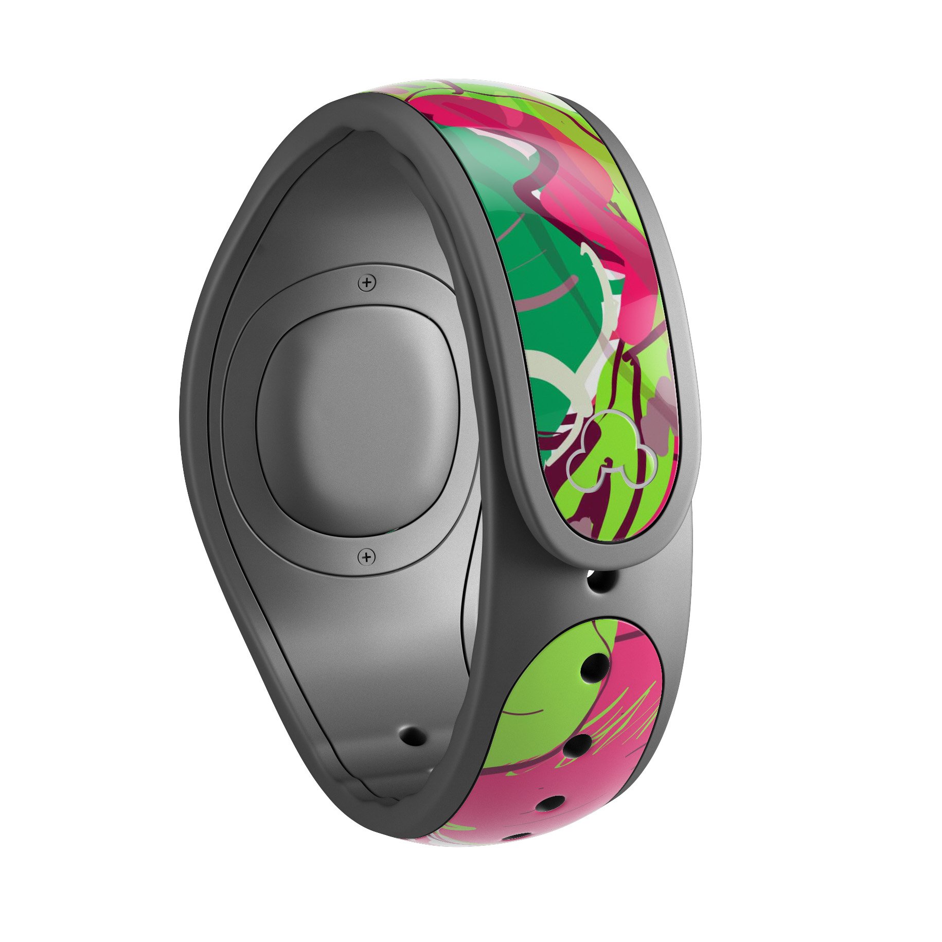 Bright Pink and Green Flowers decal skin wrap kit for Disney Magic Band, showcasing vibrant floral patterns and high-quality finish.