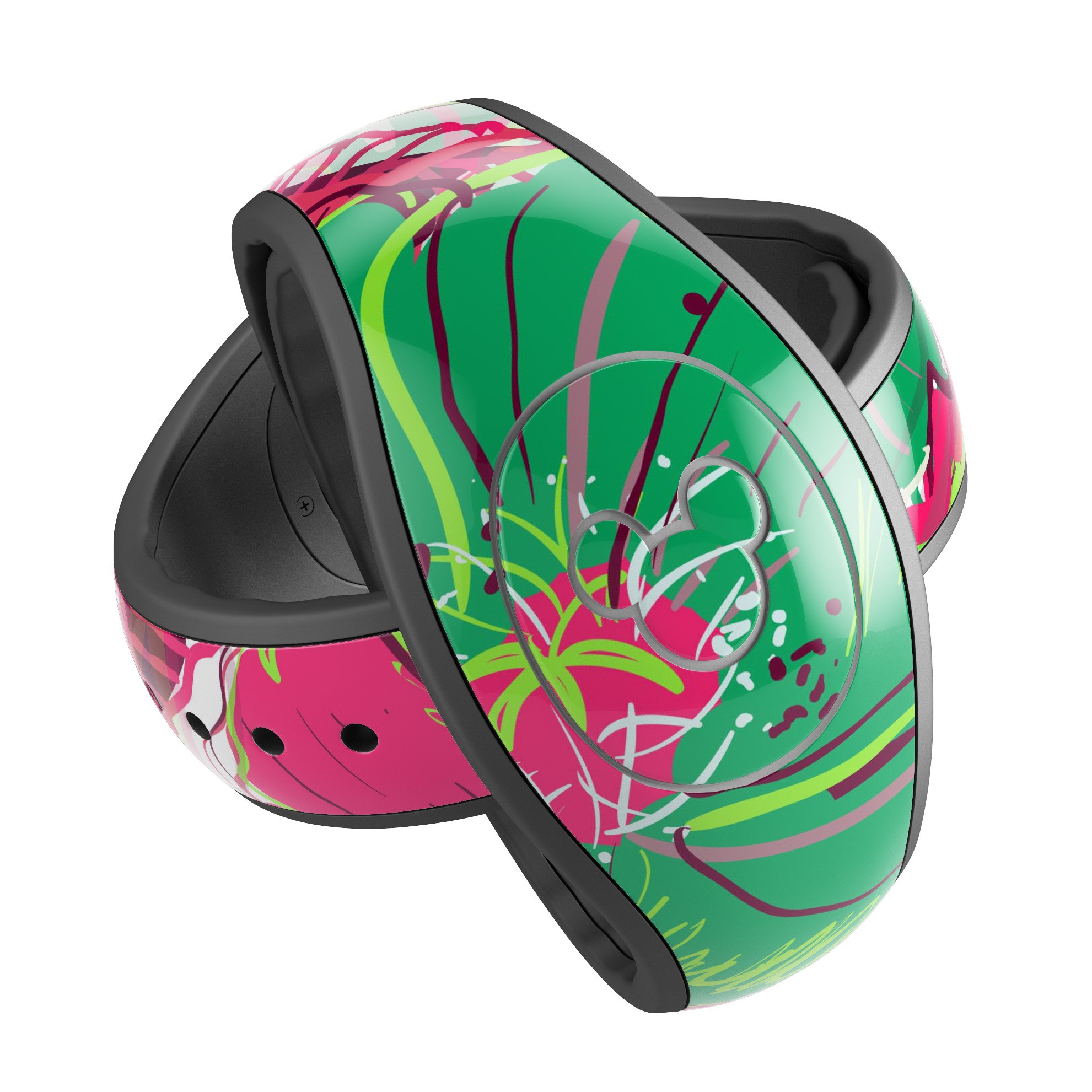 Bright Pink and Green Flowers decal skin wrap kit for Disney Magic Band, showcasing vibrant floral patterns and high-quality finish.
