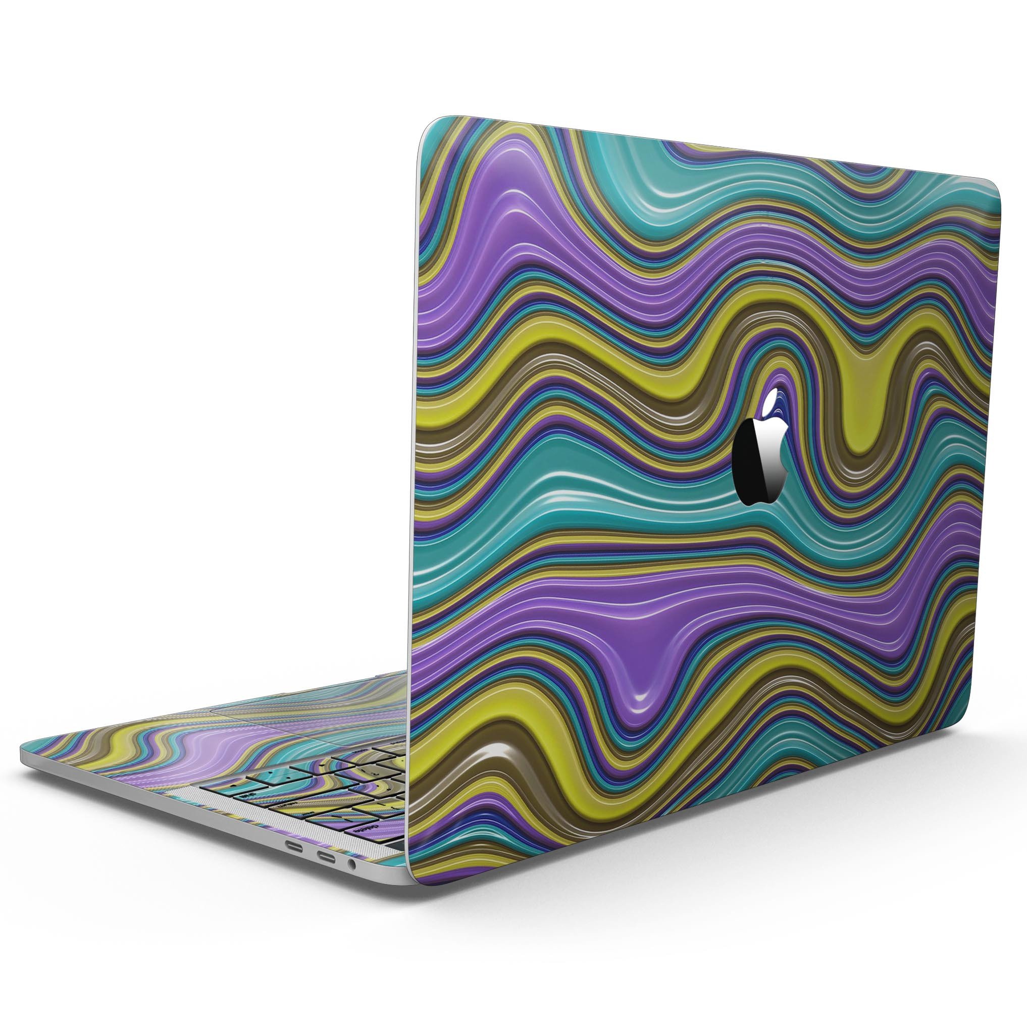 Bright Purple Teal and Mustard Yellow Color Waves skin for MacBook Pro, showcasing vibrant colors and a sleek design.