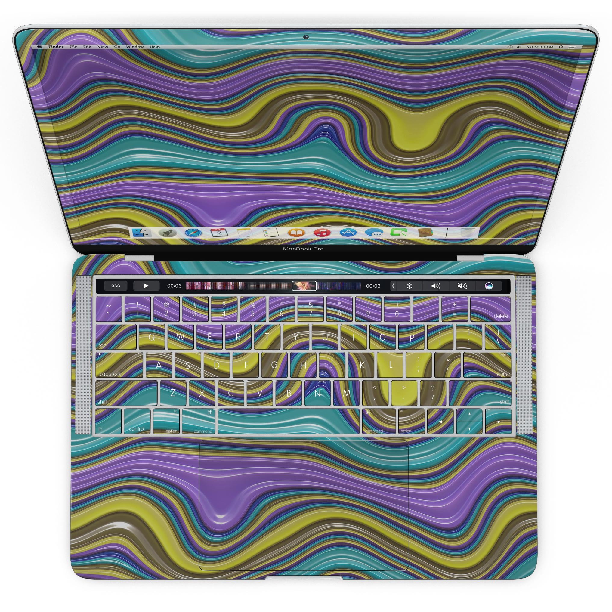 Bright Purple Teal and Mustard Yellow Color Waves skin for MacBook Pro, showcasing vibrant colors and a sleek design.