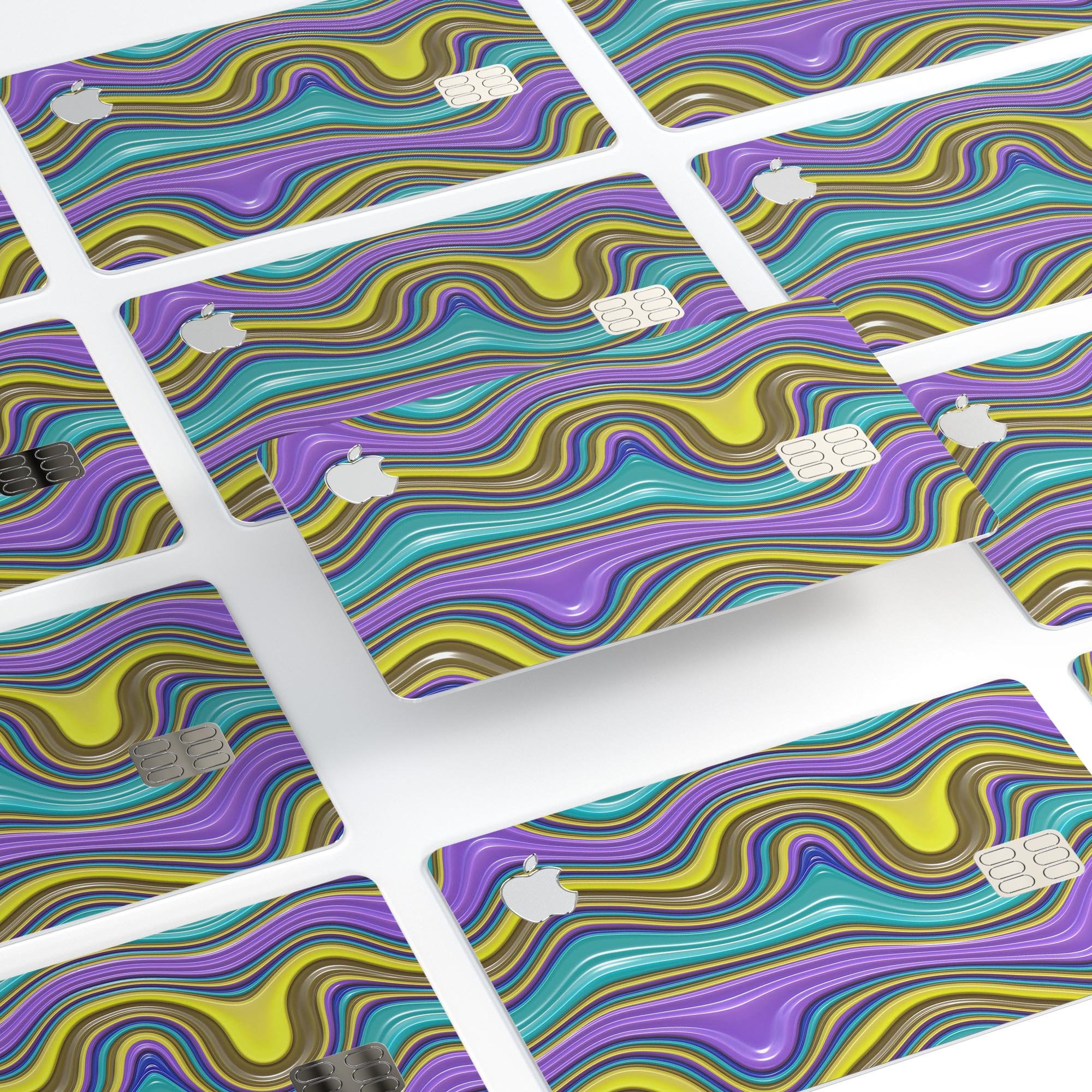 Bright Purple Teal and Mustard Yellow Color Waves skin for Apple Card, showcasing vibrant colors and premium vinyl material.