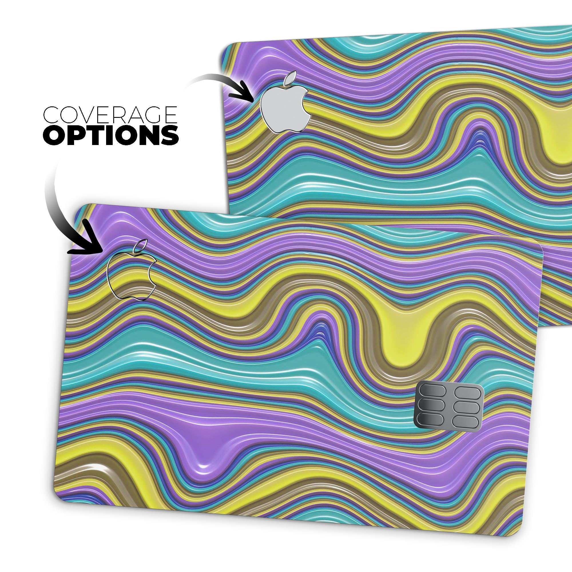 Bright Purple Teal and Mustard Yellow Color Waves skin for Apple Card, showcasing vibrant colors and premium vinyl material.