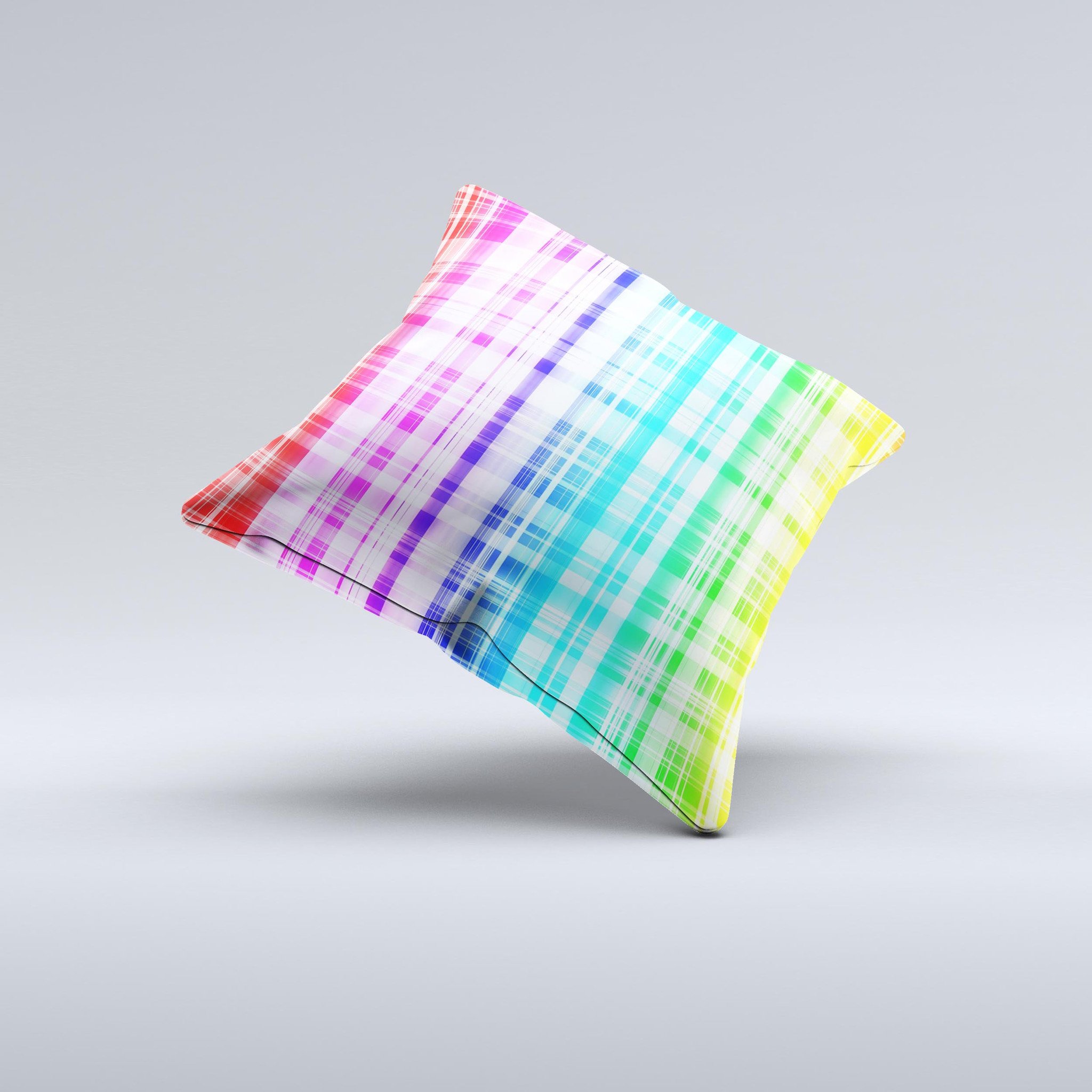 Bright Rainbow Plaid Pattern ink-Fuzed Decorative Throw Pillow showcasing vibrant colors and unique design, perfect for home decor.