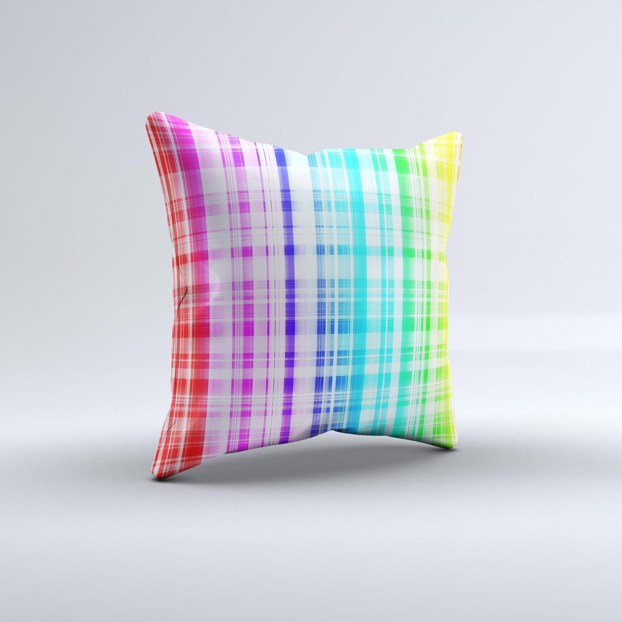 Bright Rainbow Plaid Pattern ink-Fuzed Decorative Throw Pillow showcasing vibrant colors and unique design, perfect for home decor.
