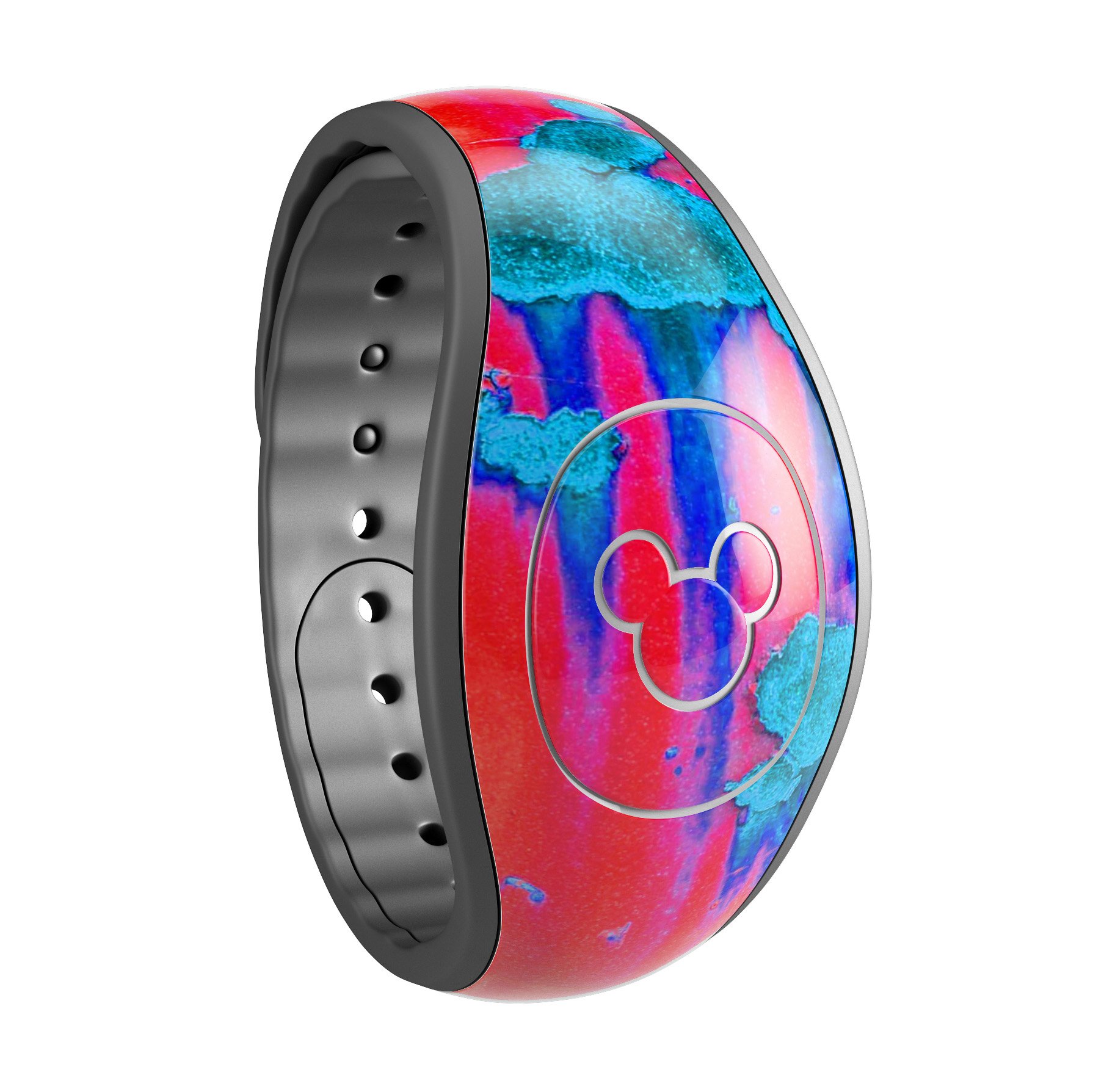 Bright Red v2 Metal with Turquoise Rust decal skin wrap kit for Disney Magic Band, showcasing vibrant colors and high-quality finish.