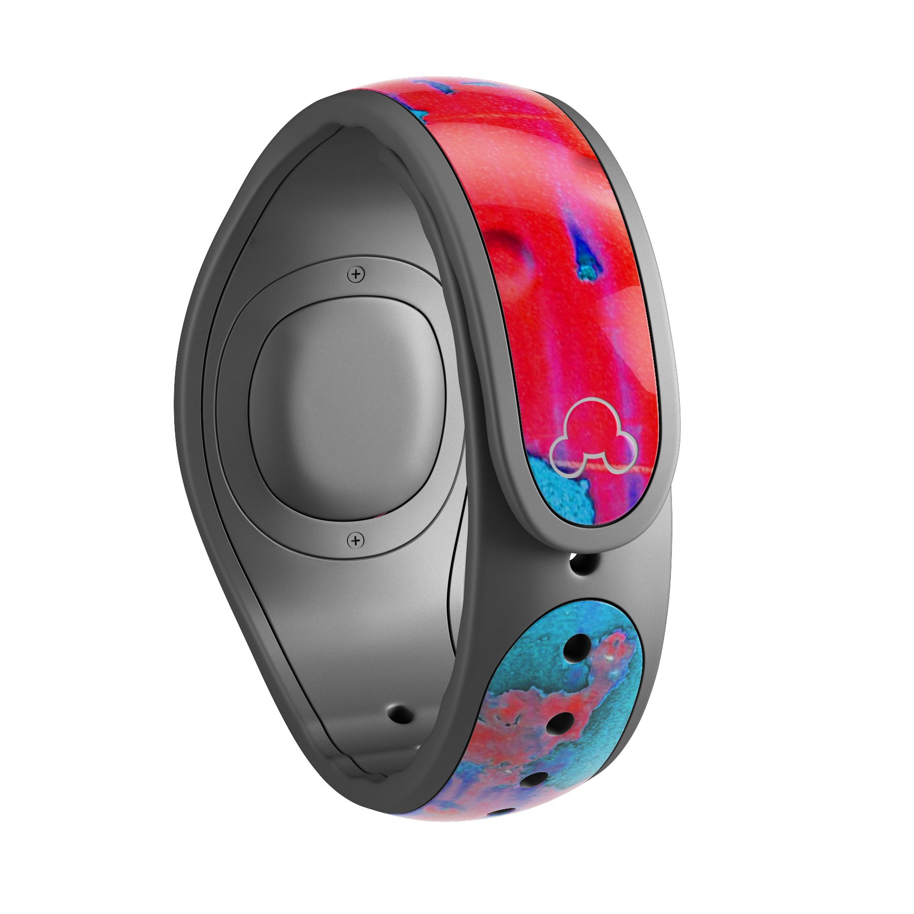 Bright Red v2 Metal with Turquoise Rust decal skin wrap kit for Disney Magic Band, showcasing vibrant colors and high-quality finish.