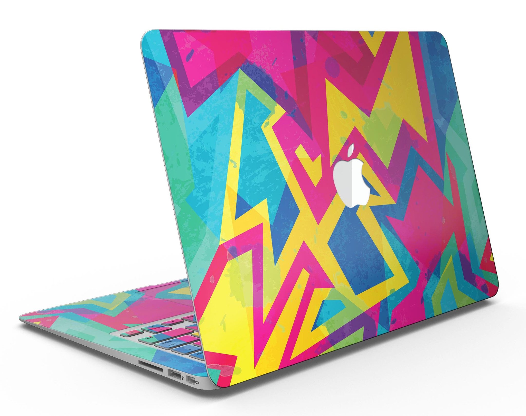 Bright Retro Color-Shapes MacBook Air Skin Kit showcasing vibrant colors and geometric shapes, designed for protection and style.