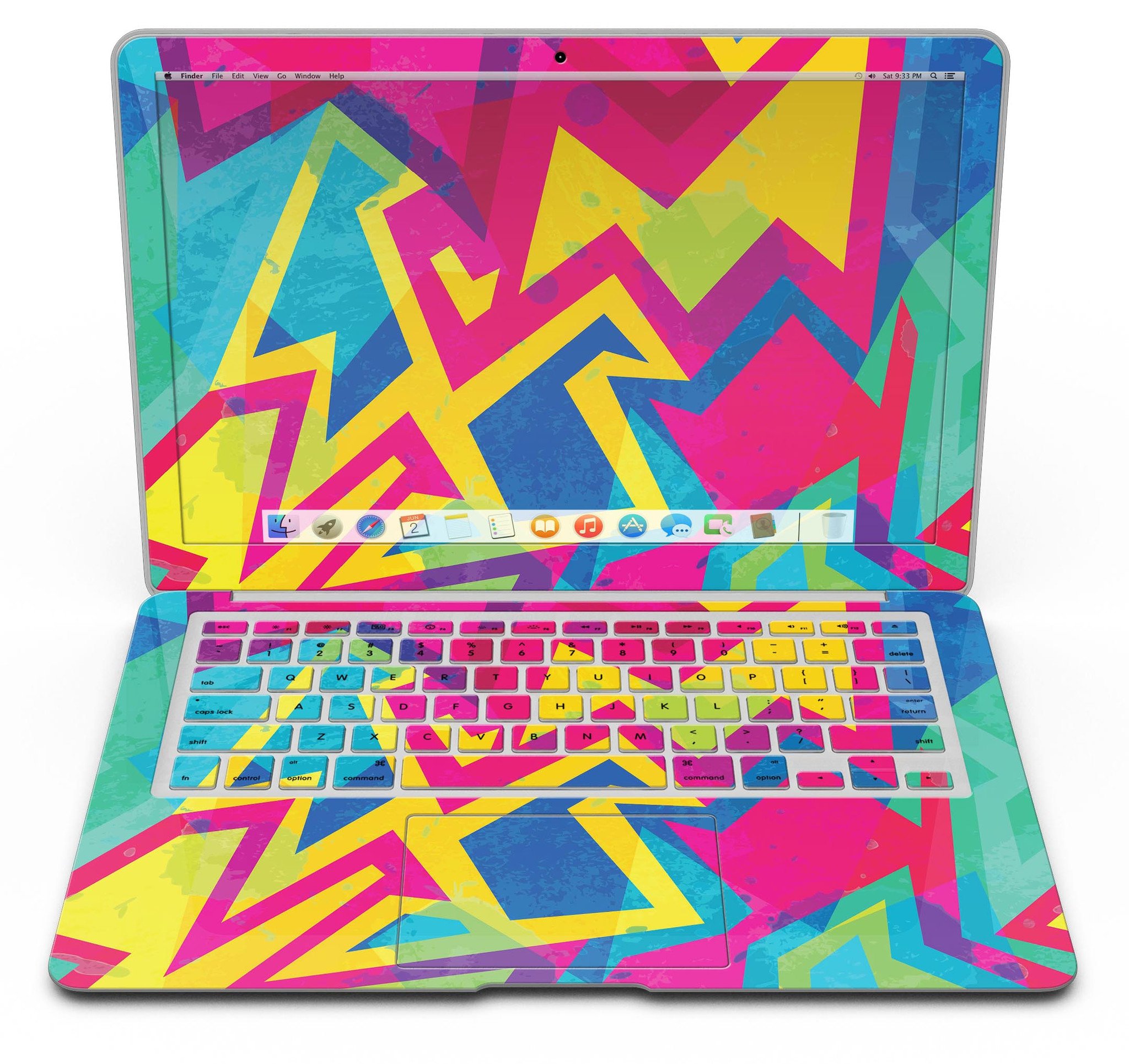 Bright Retro Color-Shapes MacBook Air Skin Kit showcasing vibrant colors and geometric shapes, designed for protection and style.