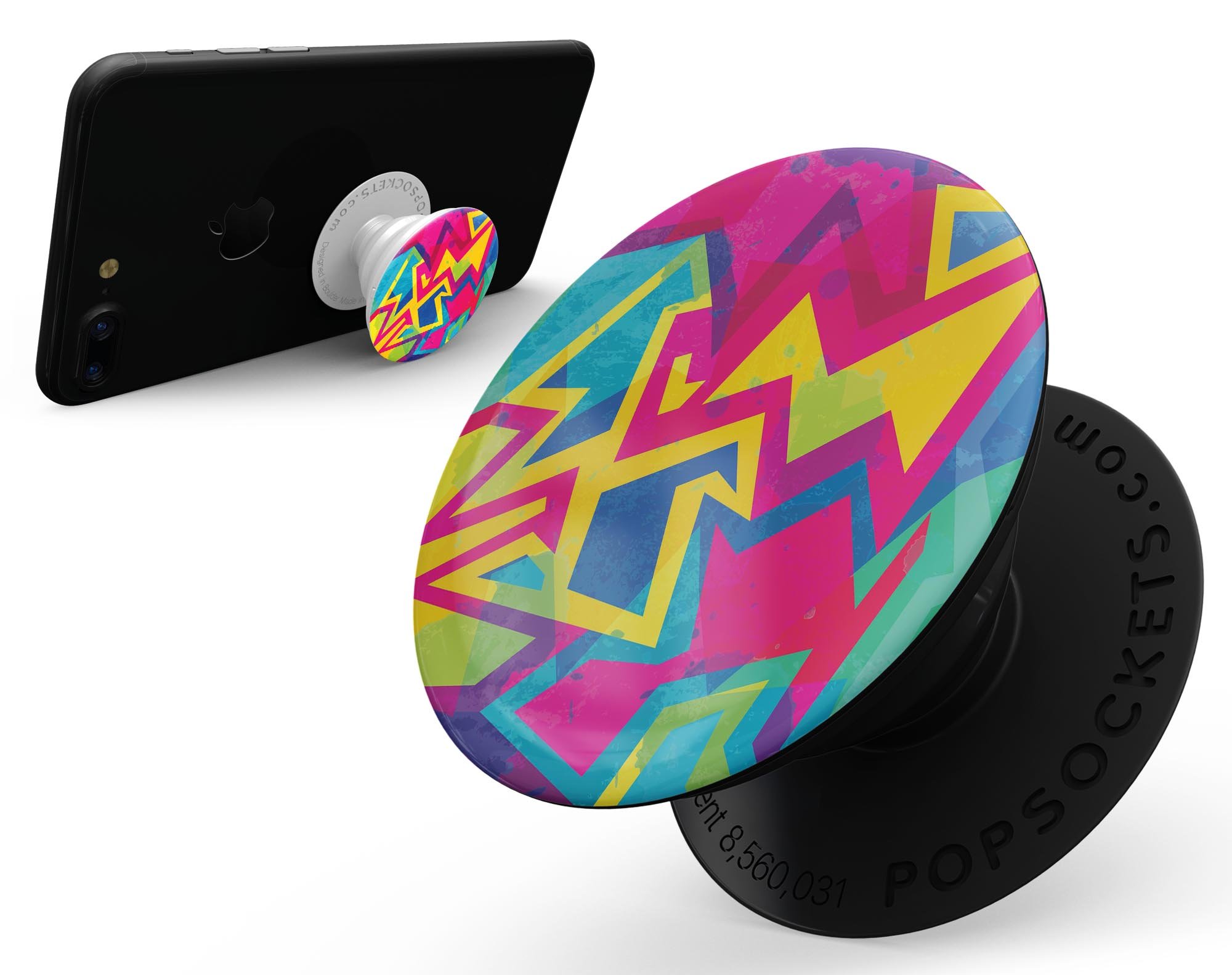 Bright Retro Color-Shapes Skin Kit for PopSockets featuring vibrant colors and geometric shapes, designed for easy application and durability.