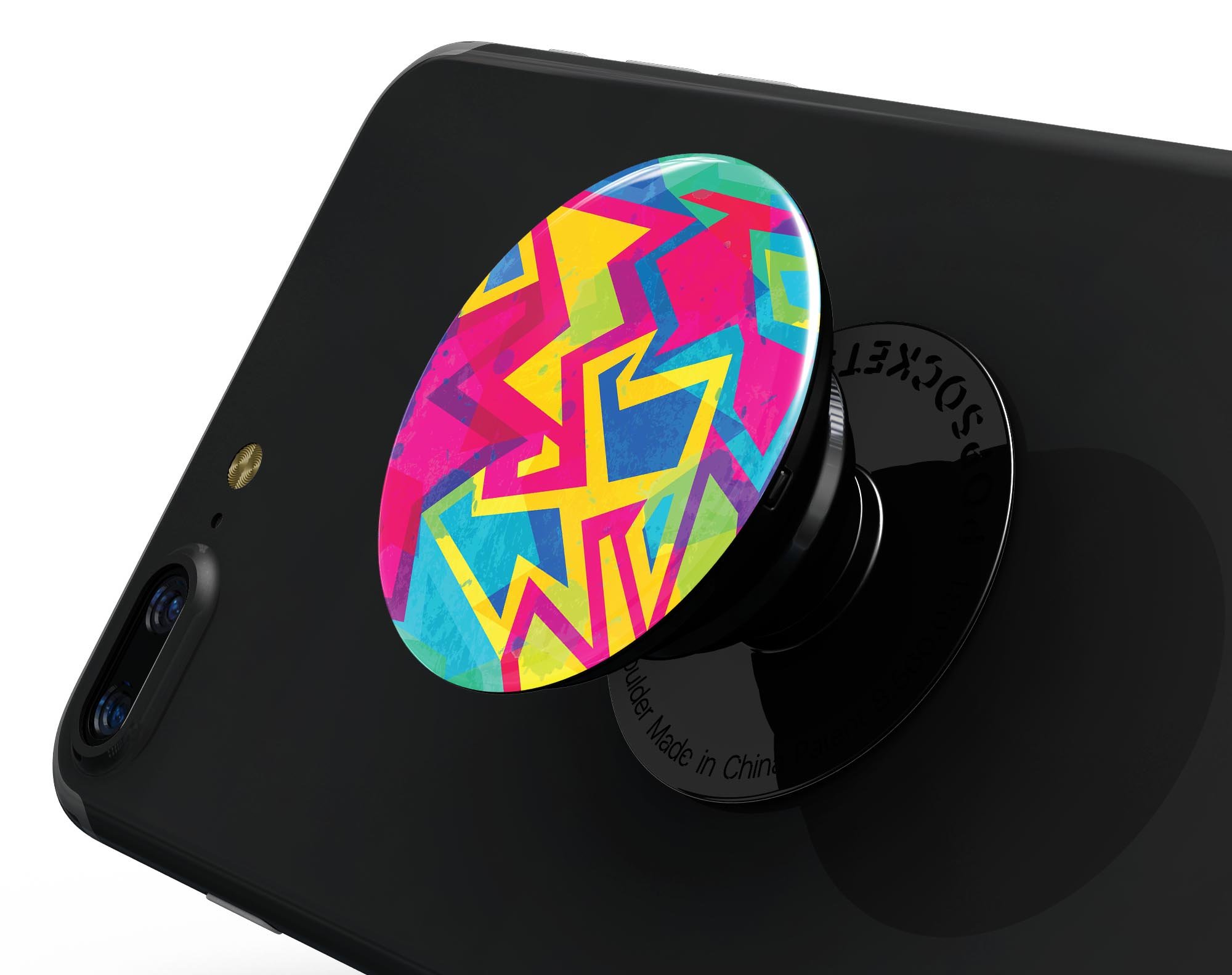 Bright Retro Color-Shapes Skin Kit for PopSockets featuring vibrant colors and geometric shapes, designed for easy application and durability.