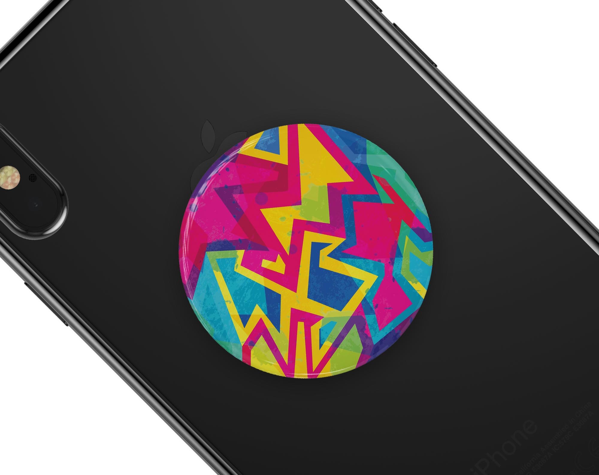 Bright Retro Color-Shapes Skin Kit for PopSockets featuring vibrant colors and geometric shapes, designed for easy application and durability.