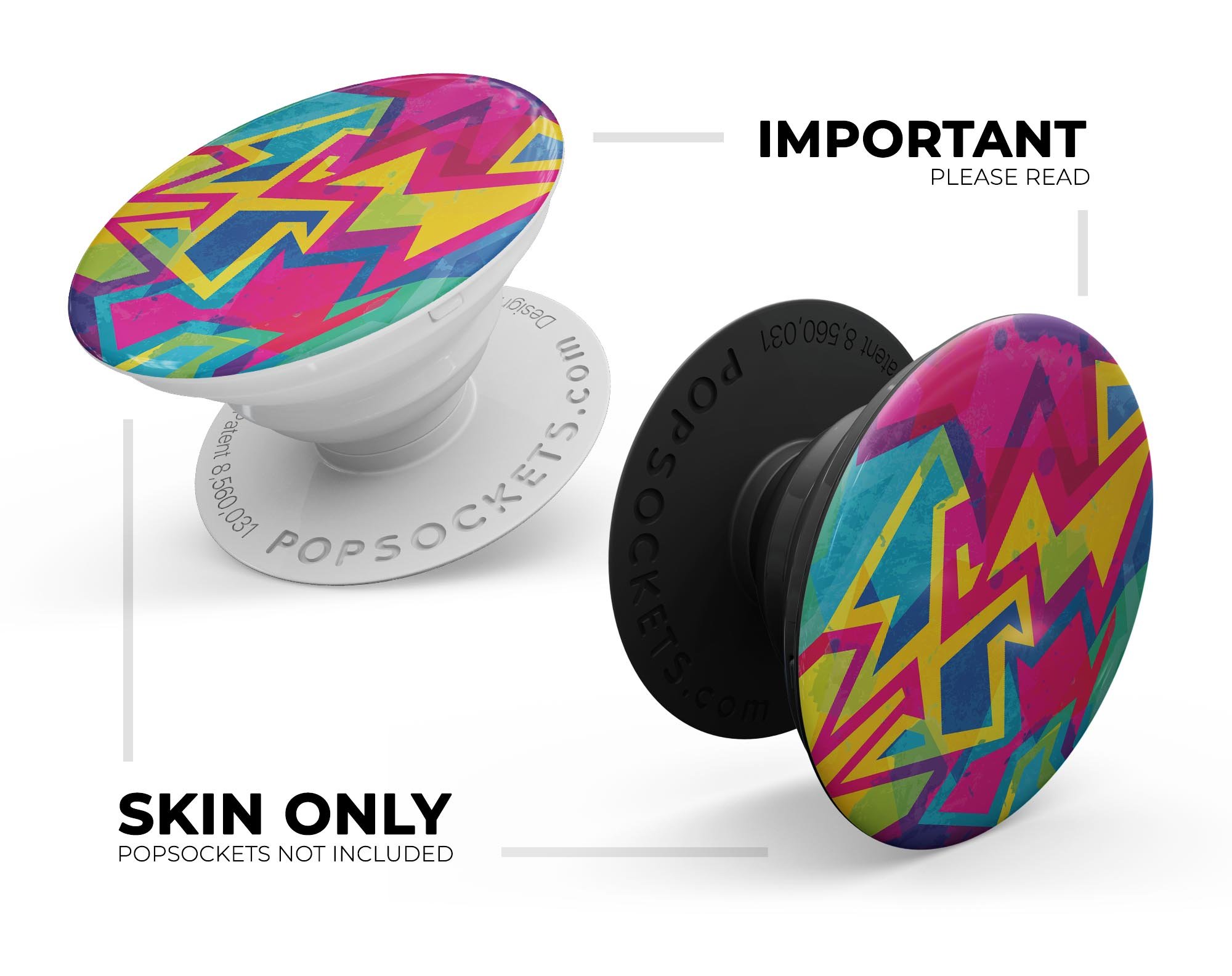 Bright Retro Color-Shapes Skin Kit for PopSockets featuring vibrant colors and geometric shapes, designed for easy application and durability.