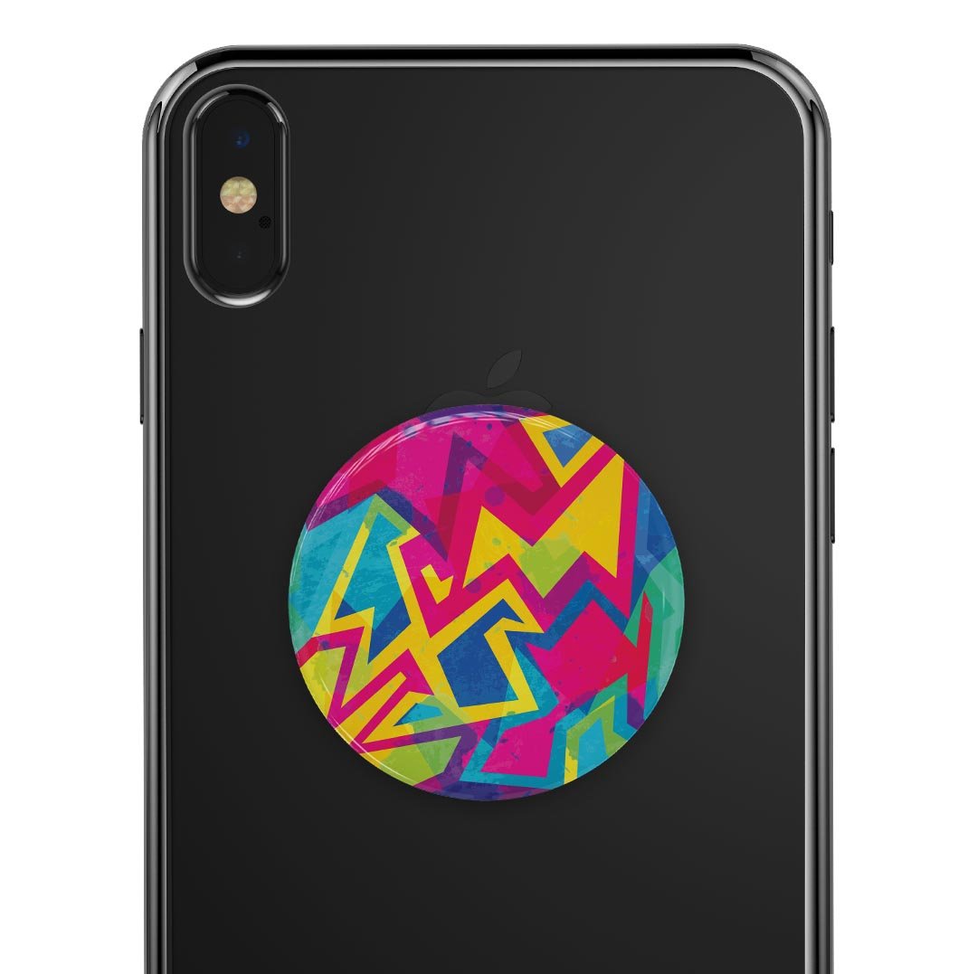 Bright Retro Color-Shapes Skin Kit for PopSockets featuring vibrant colors and geometric shapes, designed for easy application and durability.