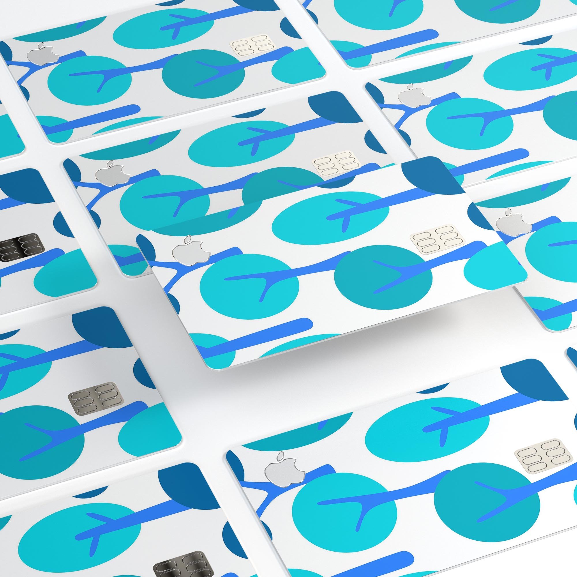 Bright Shades of Blue Cartoon Trees decal for Apple Card, showcasing vibrant colors and a protective design.