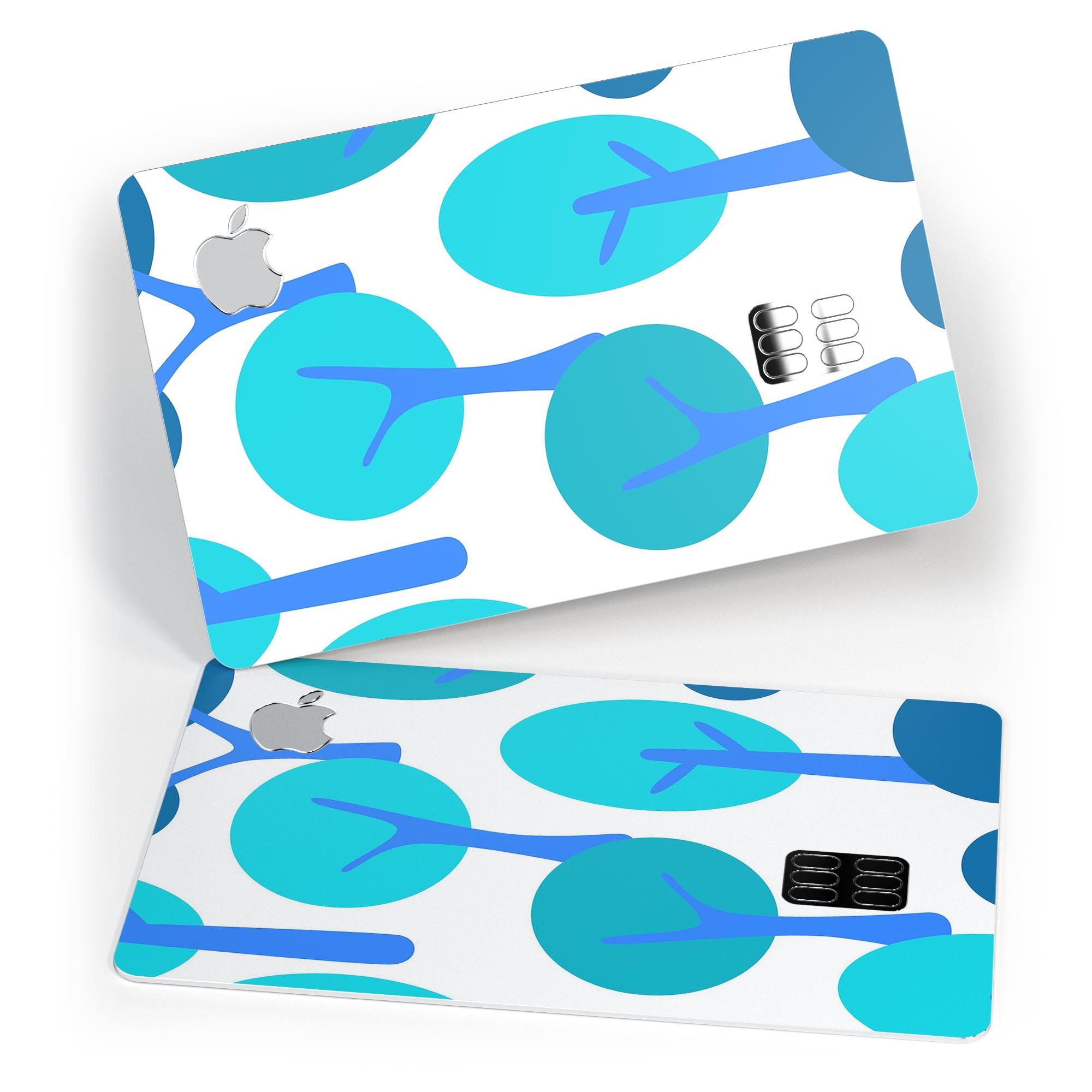 Bright Shades of Blue Cartoon Trees decal for Apple Card, showcasing vibrant colors and a protective design.