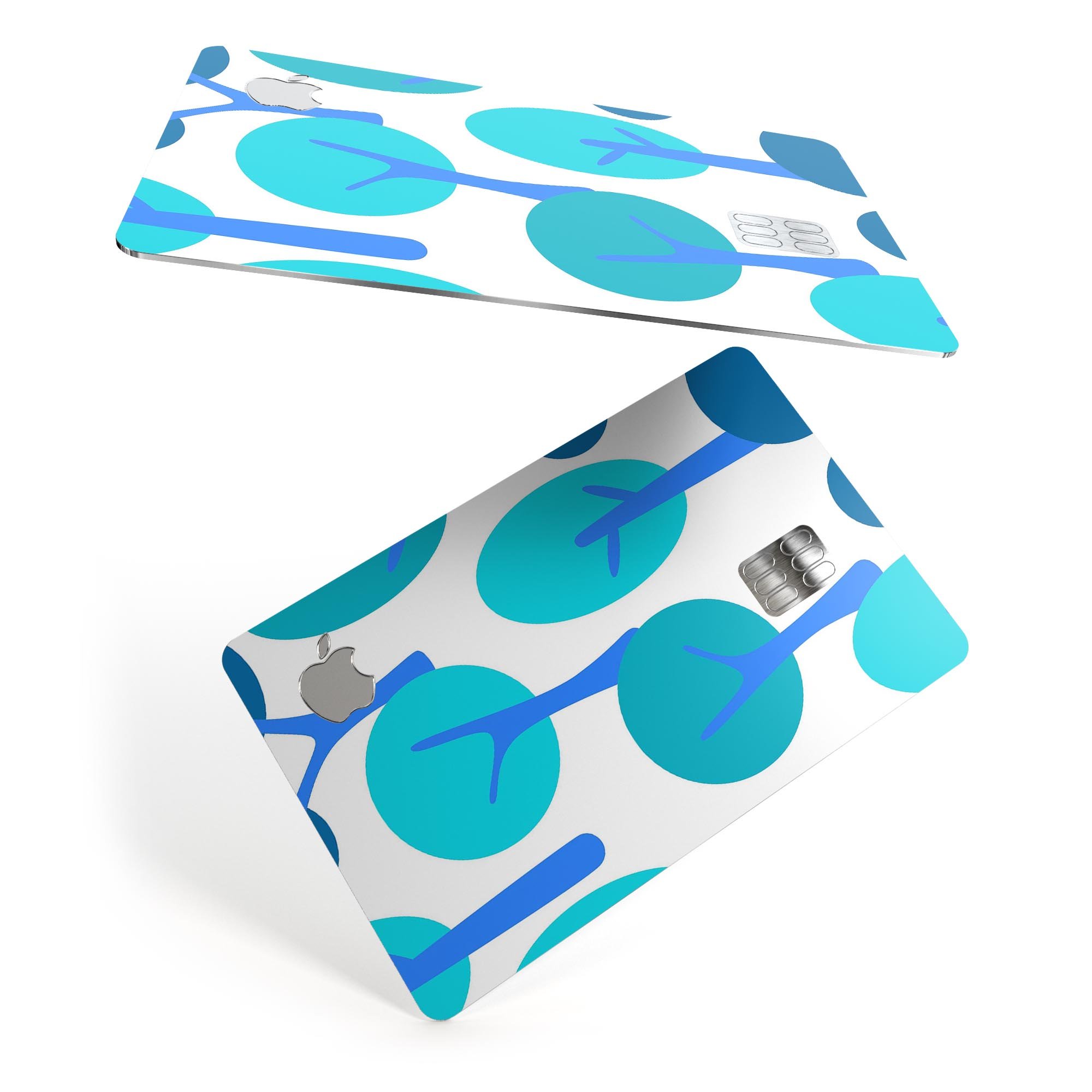 Bright Shades of Blue Cartoon Trees decal for Apple Card, showcasing vibrant colors and a protective design.