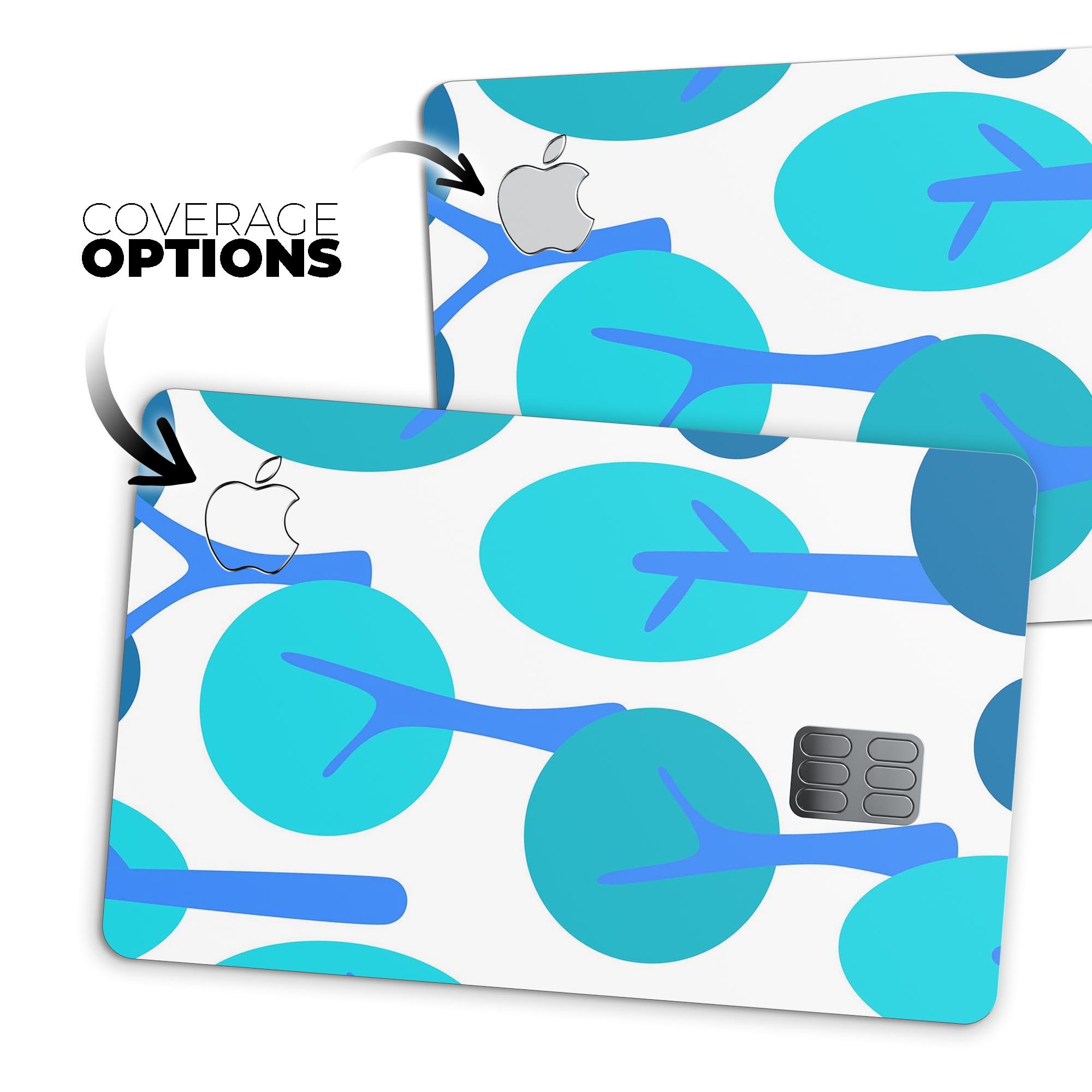 Bright Shades of Blue Cartoon Trees decal for Apple Card, showcasing vibrant colors and a protective design.
