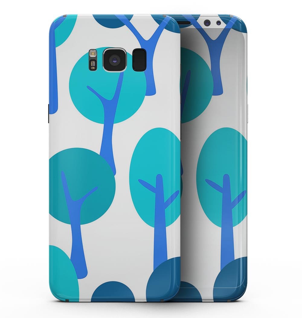 Bright blue cartoon trees design skin for Samsung Galaxy S8, showcasing vibrant colors and a unique pattern.