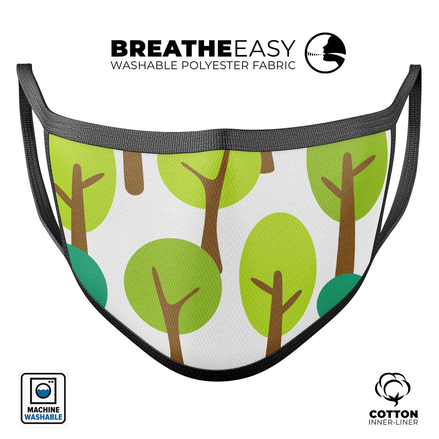 Bright Shades of Green Cartoon Trees face mask featuring a vibrant tree design, made from soft cotton and memory foam for comfort.