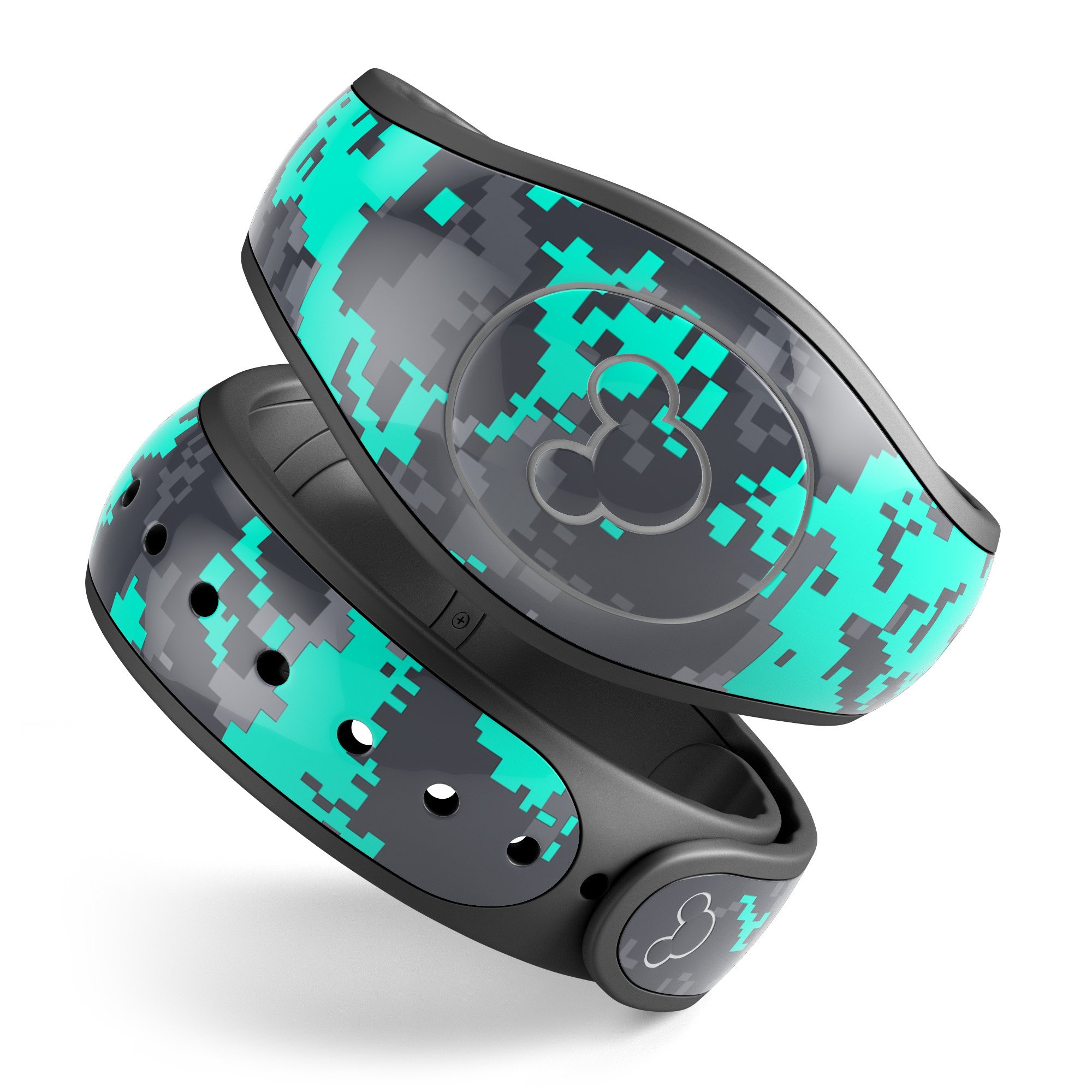 Bright teal and gray digital camouflage decal skin wrap kit for Disney Magic Band, showcasing a stylish and protective design.