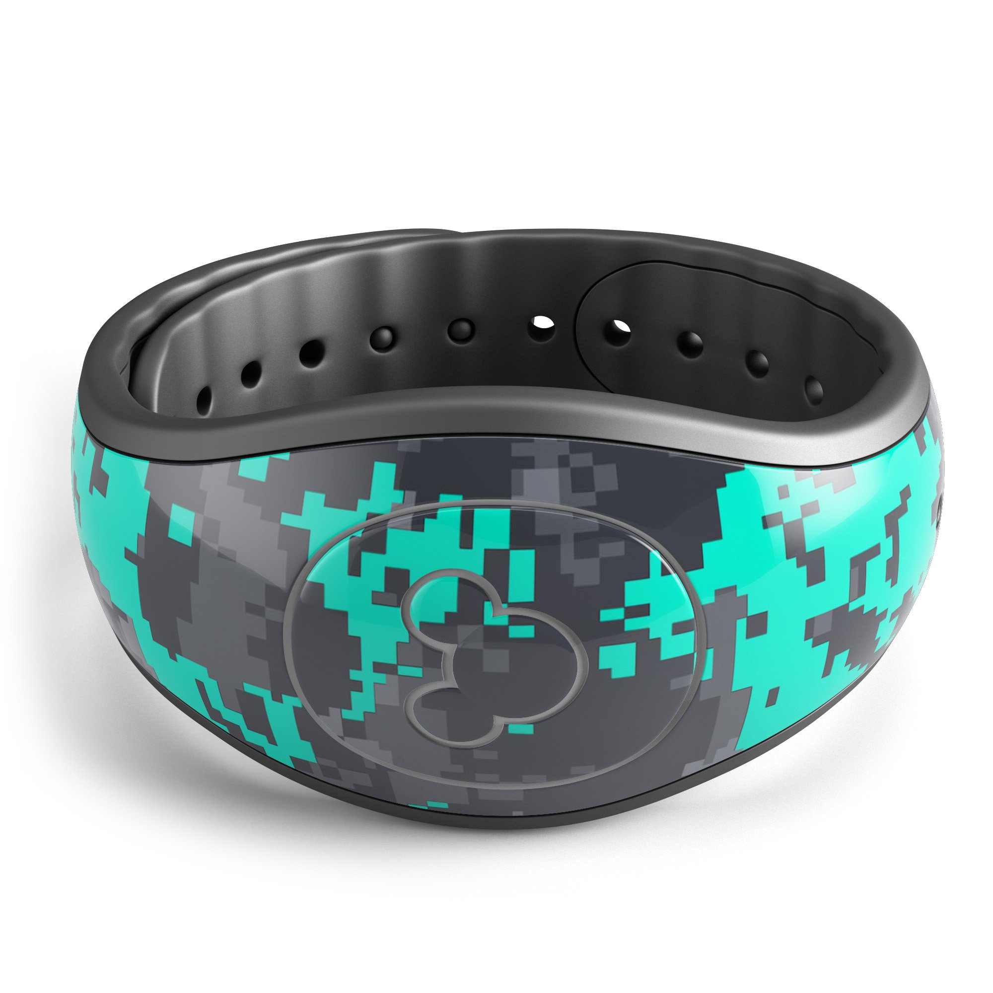 Bright teal and gray digital camouflage decal skin wrap kit for Disney Magic Band, showcasing a stylish and protective design.
