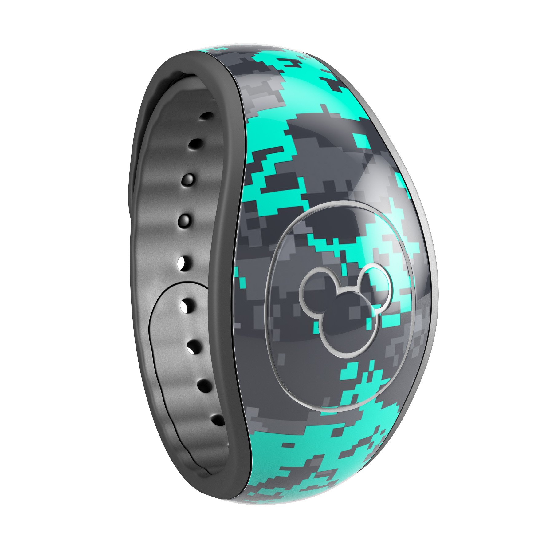 Bright teal and gray digital camouflage decal skin wrap kit for Disney Magic Band, showcasing a stylish and protective design.