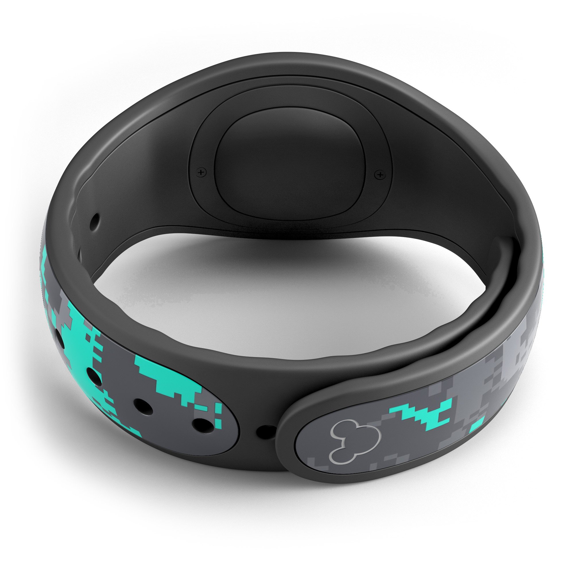 Bright teal and gray digital camouflage decal skin wrap kit for Disney Magic Band, showcasing a stylish and protective design.