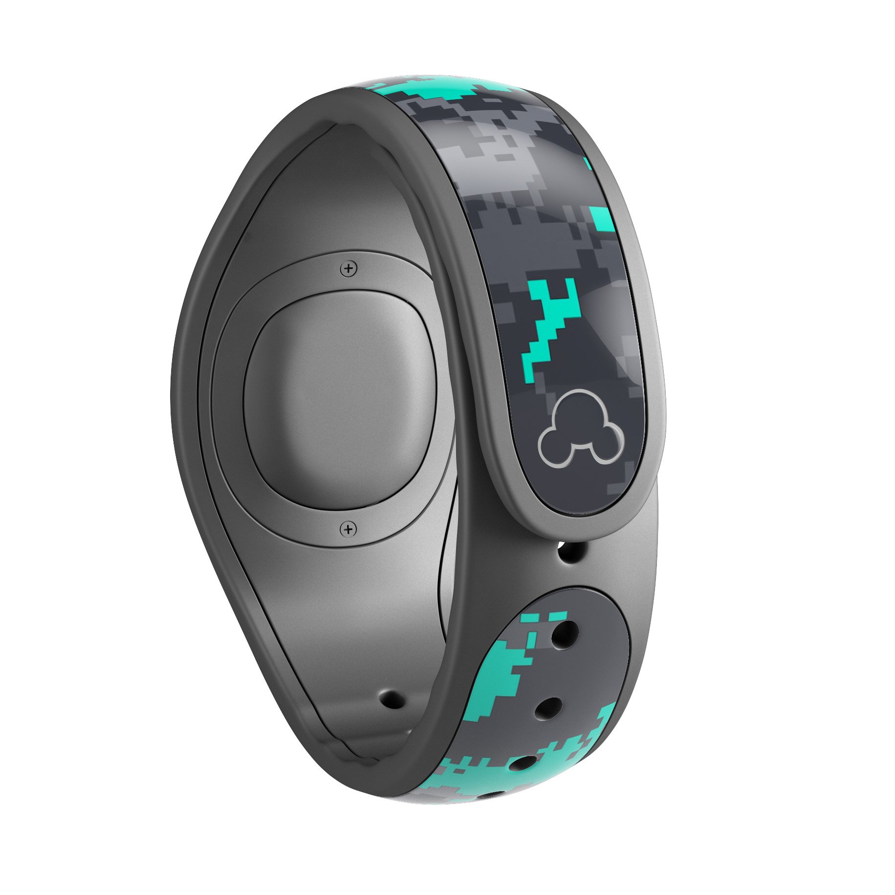 Bright teal and gray digital camouflage decal skin wrap kit for Disney Magic Band, showcasing a stylish and protective design.