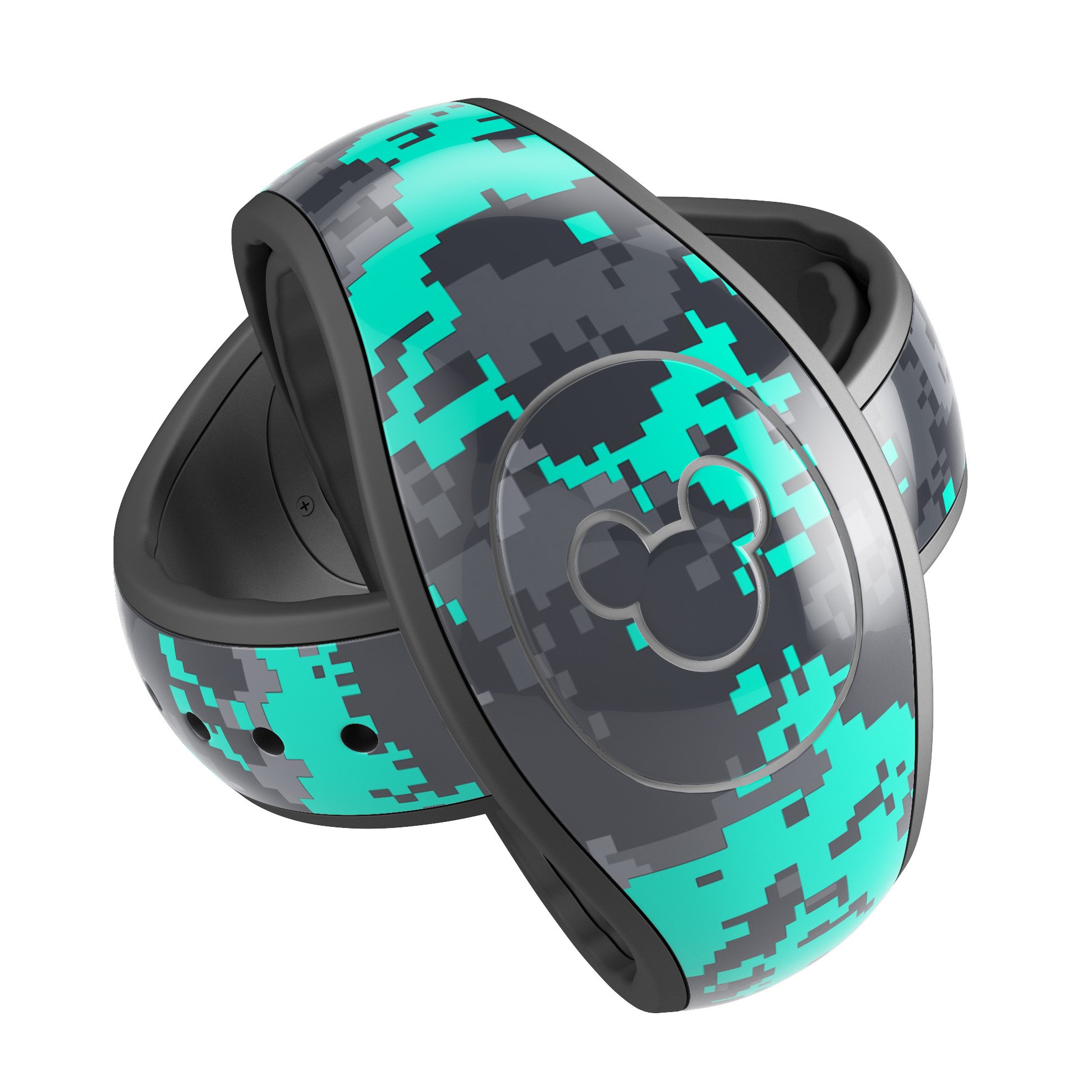 Bright teal and gray digital camouflage decal skin wrap kit for Disney Magic Band, showcasing a stylish and protective design.