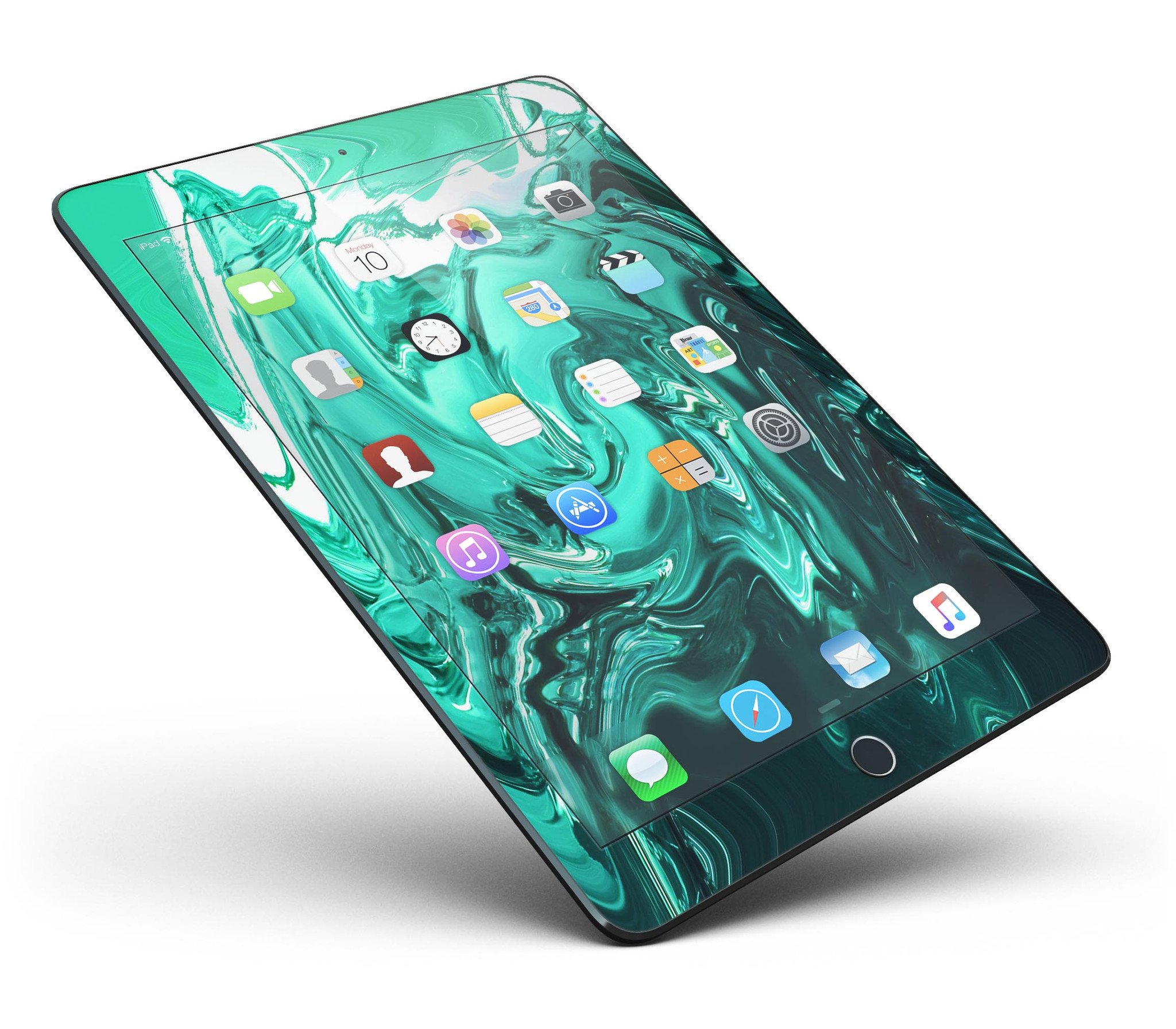 Bright trendy green color swirled full body skin for iPad Pro, showcasing its vibrant design and premium vinyl material.