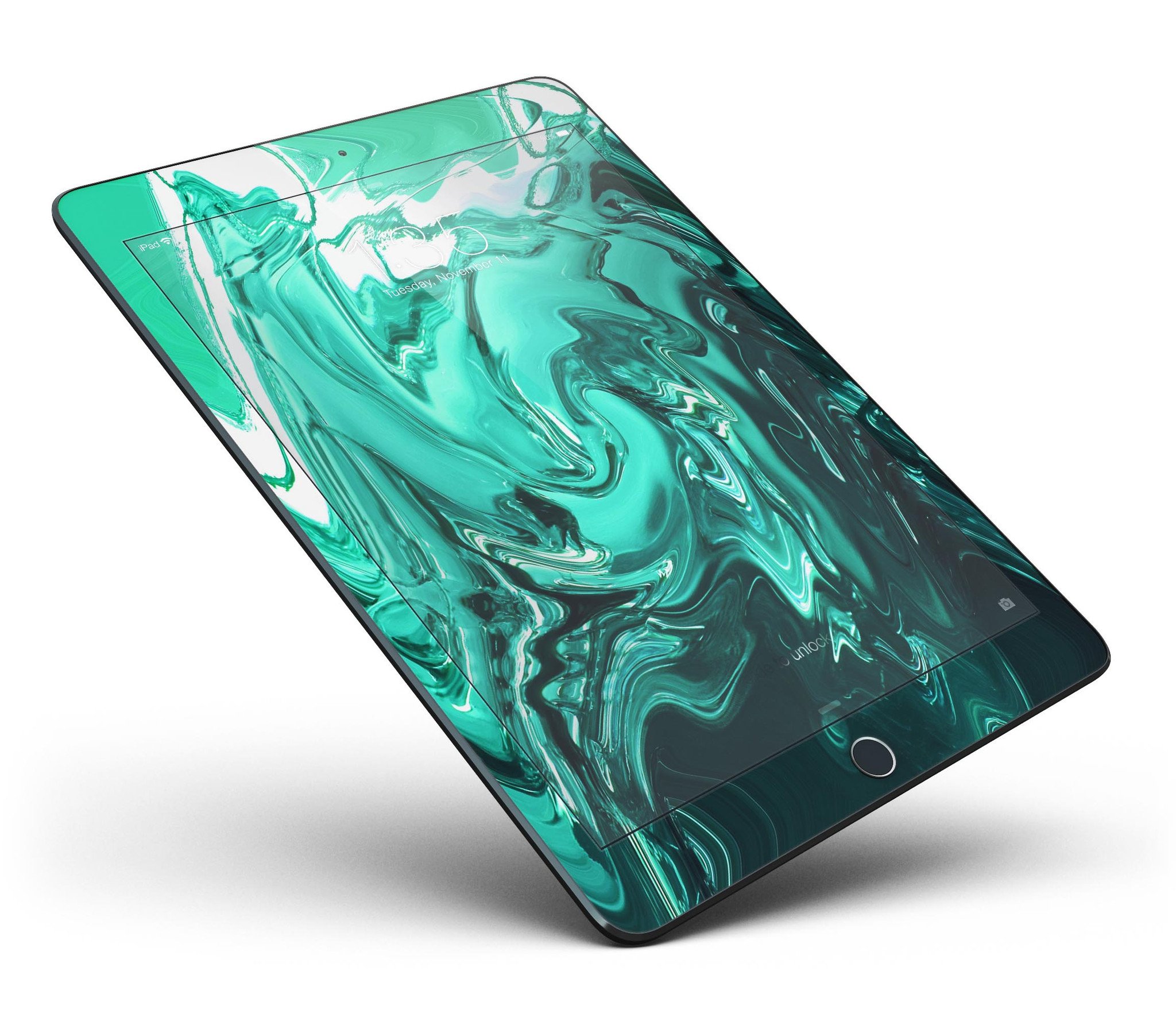 Bright trendy green color swirled full body skin for iPad Pro, showcasing its vibrant design and premium vinyl material.