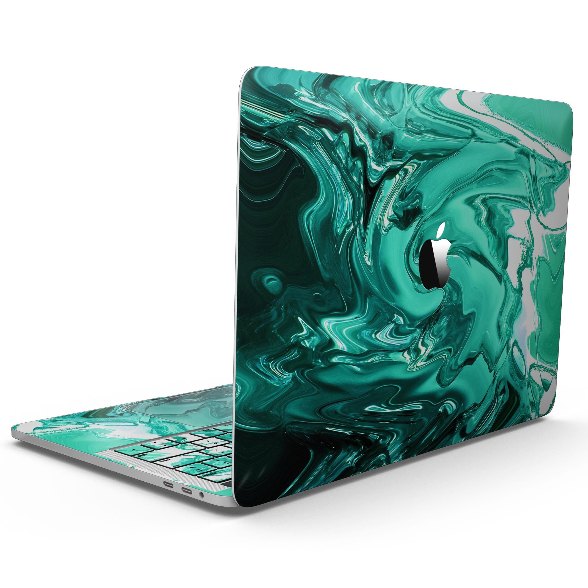 Bright trendy green color swirled skin for MacBook Pro with Touch Bar, showcasing vibrant design and premium vinyl material.