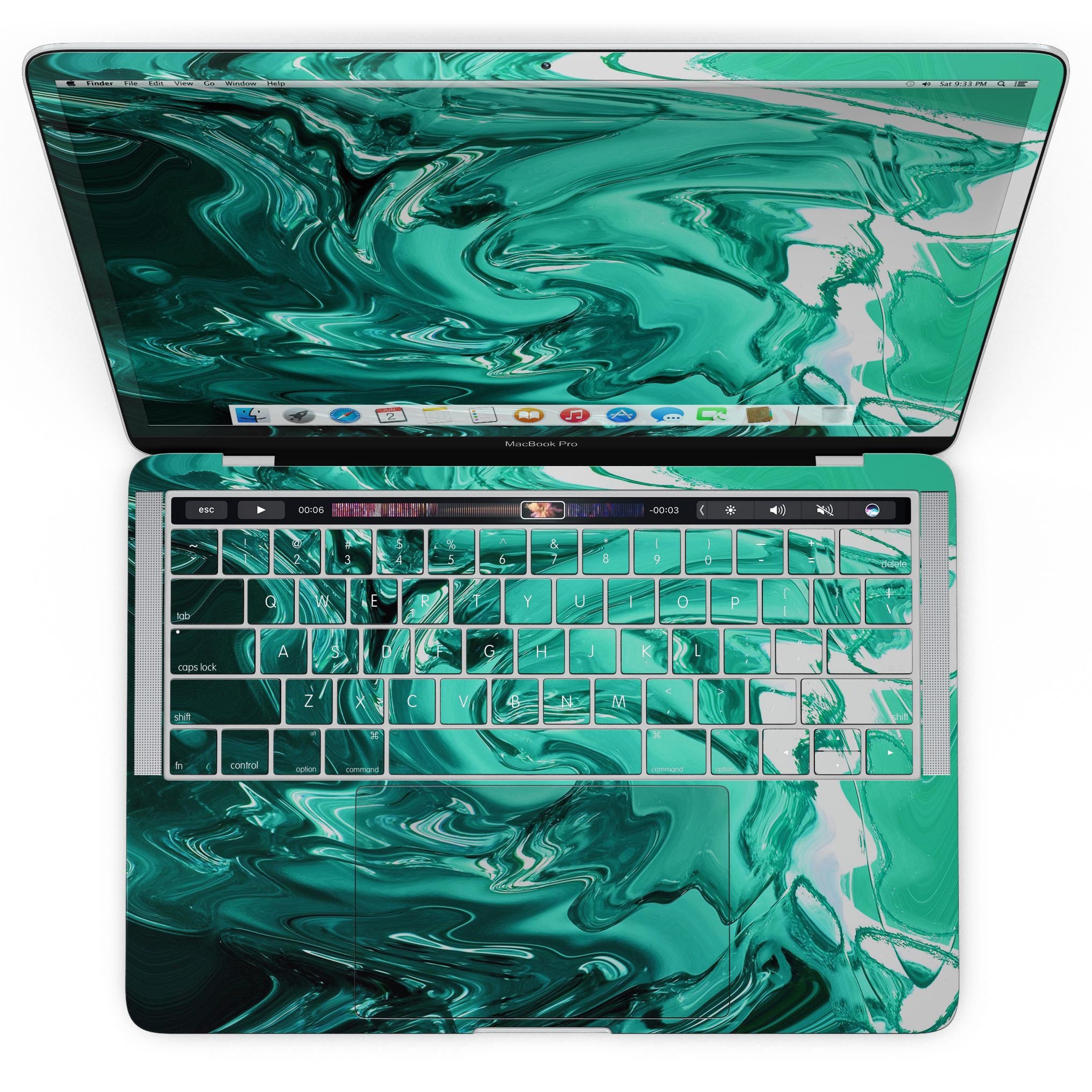 Bright trendy green color swirled skin for MacBook Pro with Touch Bar, showcasing vibrant design and premium vinyl material.