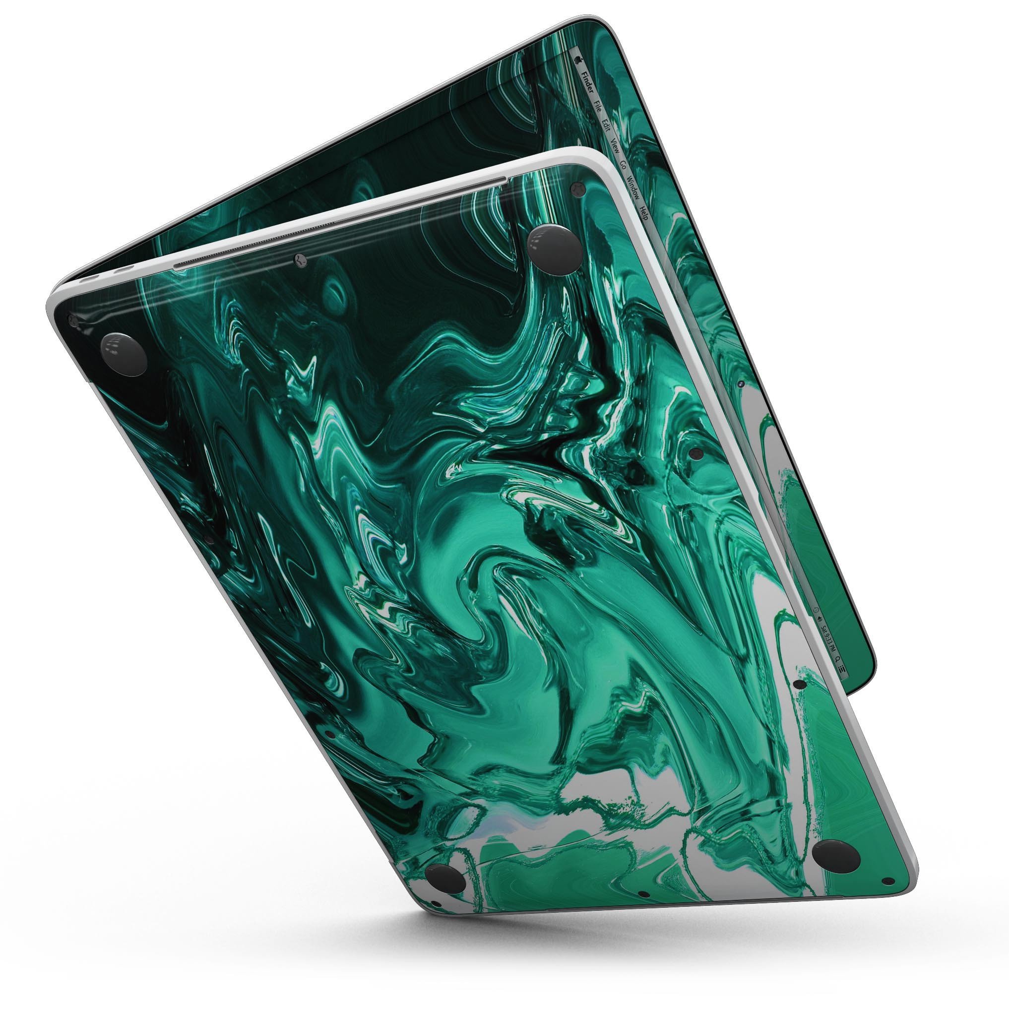 Bright trendy green color swirled skin for MacBook Pro with Touch Bar, showcasing vibrant design and premium vinyl material.