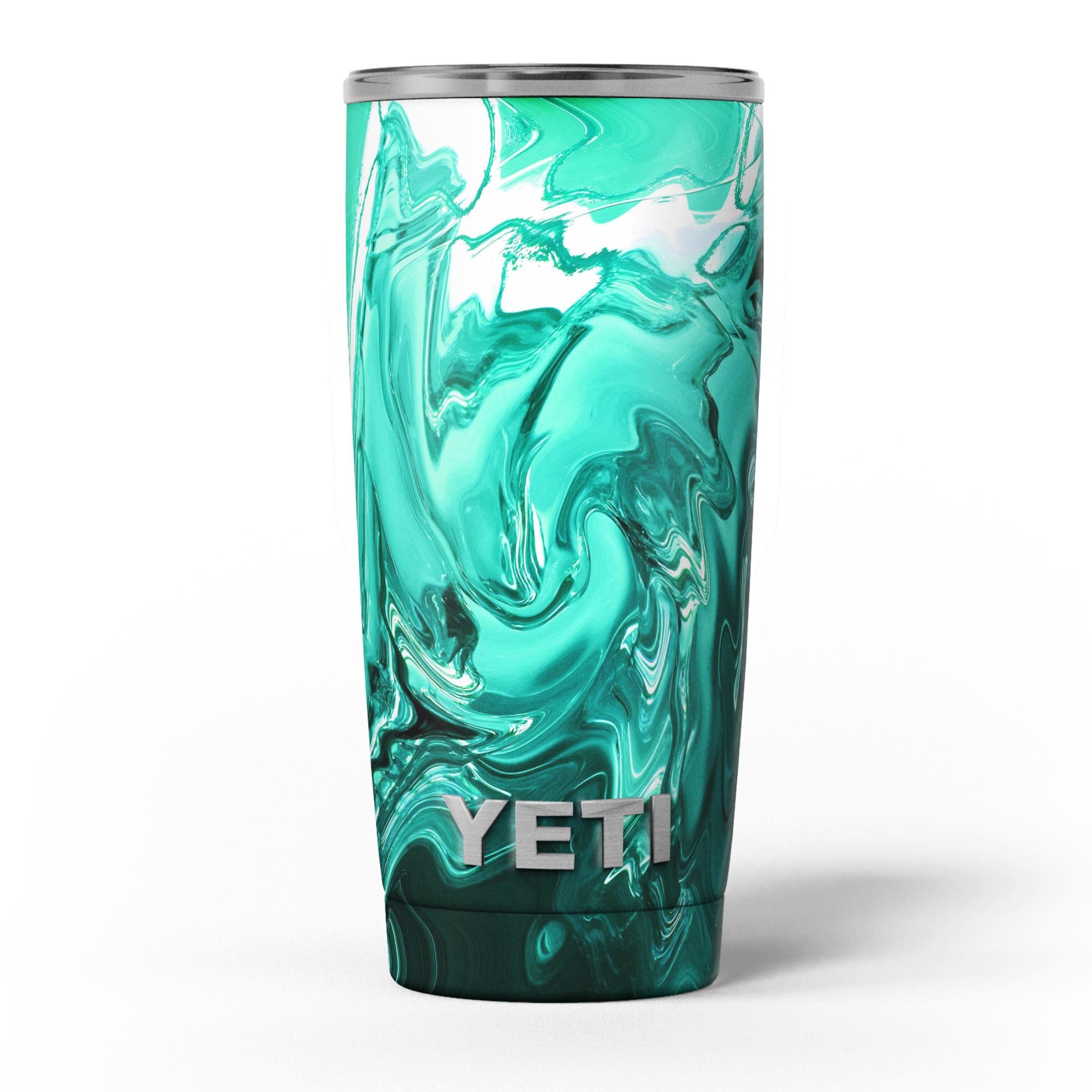 Bright Trendy Green Color Swirled Skin Decal Vinyl Wrap Kit for Yeti Coolers, showcasing vibrant colors and a sleek design.