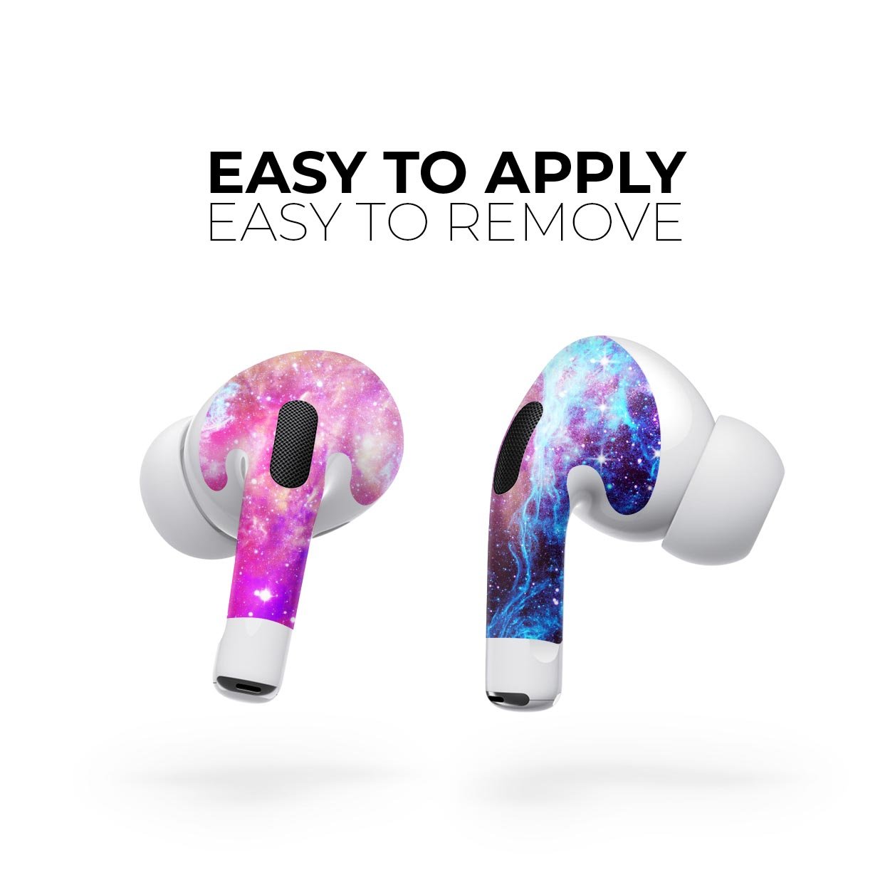 Bright Trippy Space full body skin decal wrap kit for Apple AirPods Pro, showcasing vibrant colors and a snug fit.