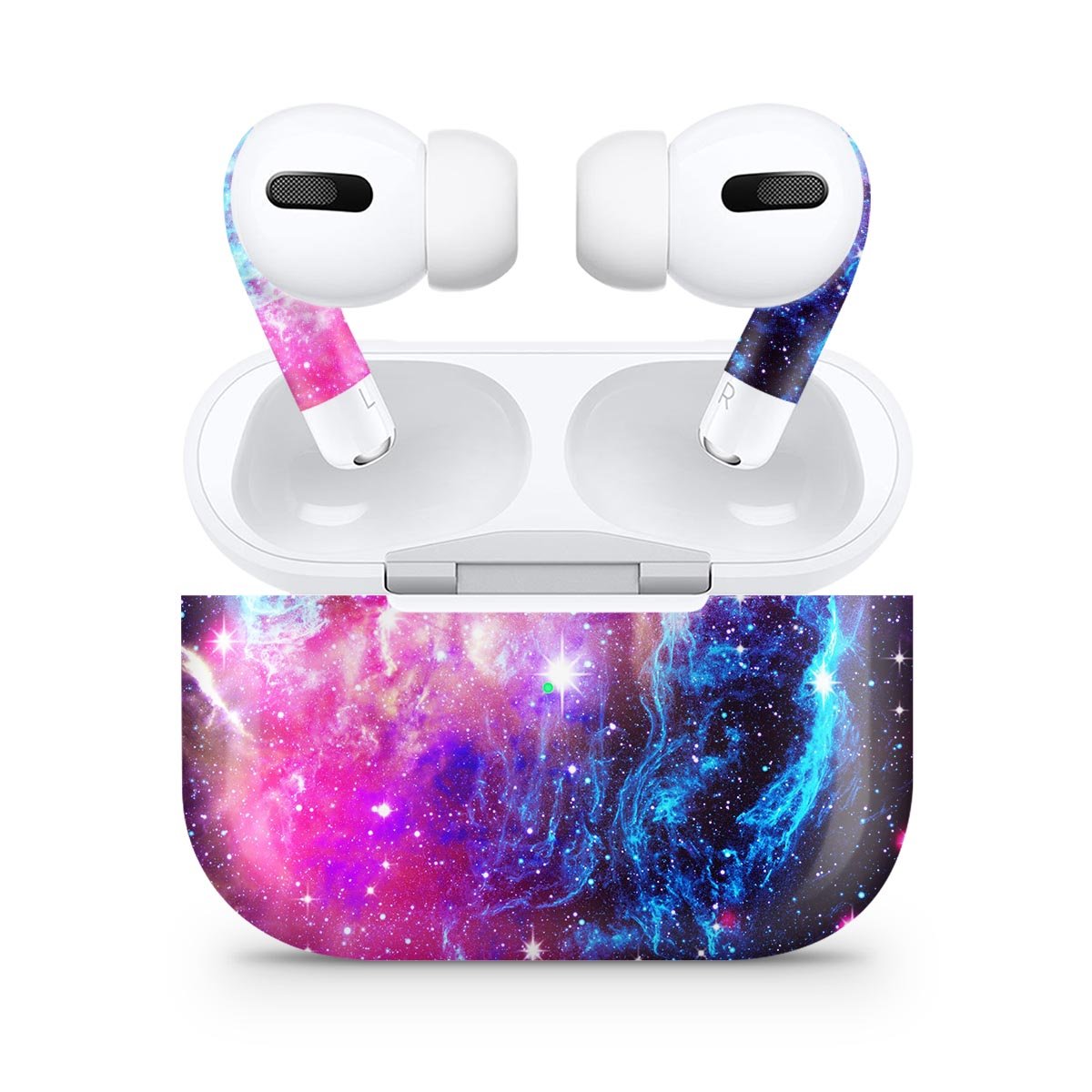 Bright Trippy Space full body skin decal wrap kit for Apple AirPods Pro, showcasing vibrant colors and a snug fit.