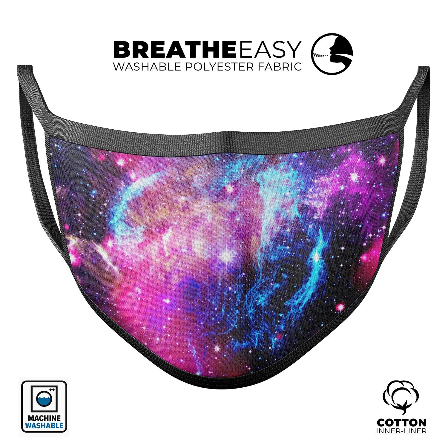 Bright Trippy Space mouth cover made of cotton, featuring a vibrant design, adjustable ear loops, and a comfortable fit for daily use.