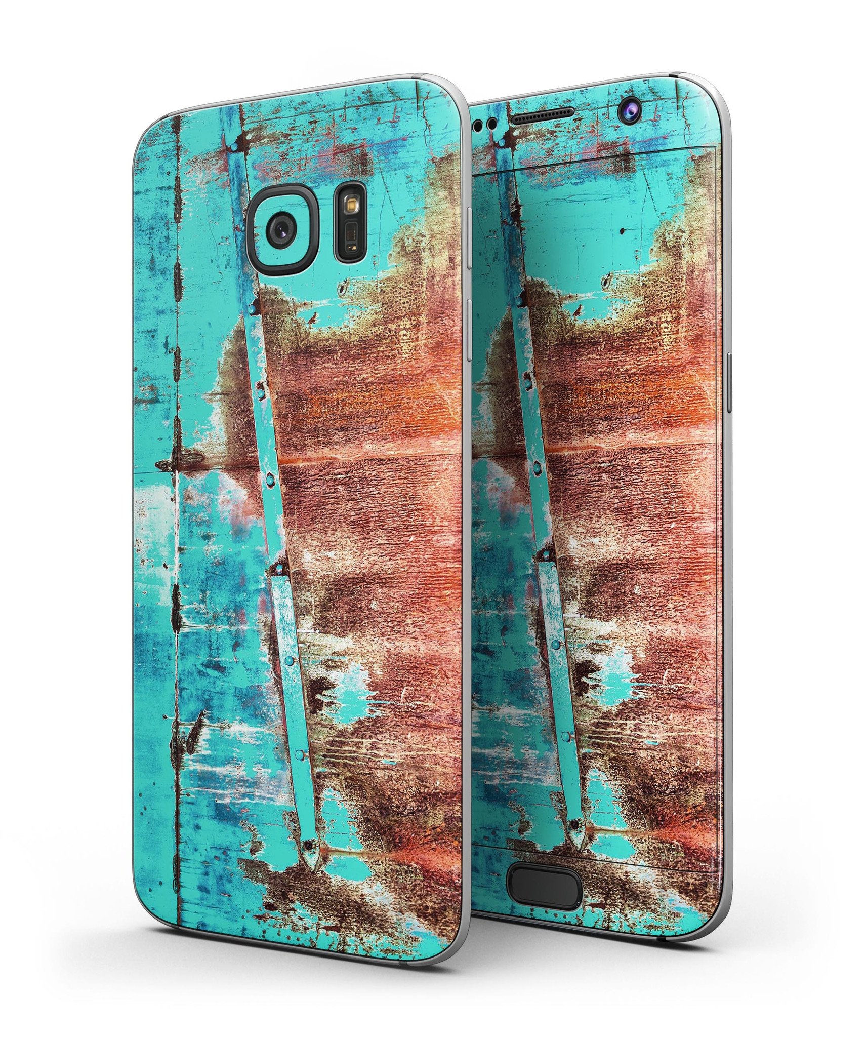 Bright turquoise rusted surface skin kit for Samsung Galaxy S7 and S7 Edge, showcasing vibrant design and premium vinyl material.