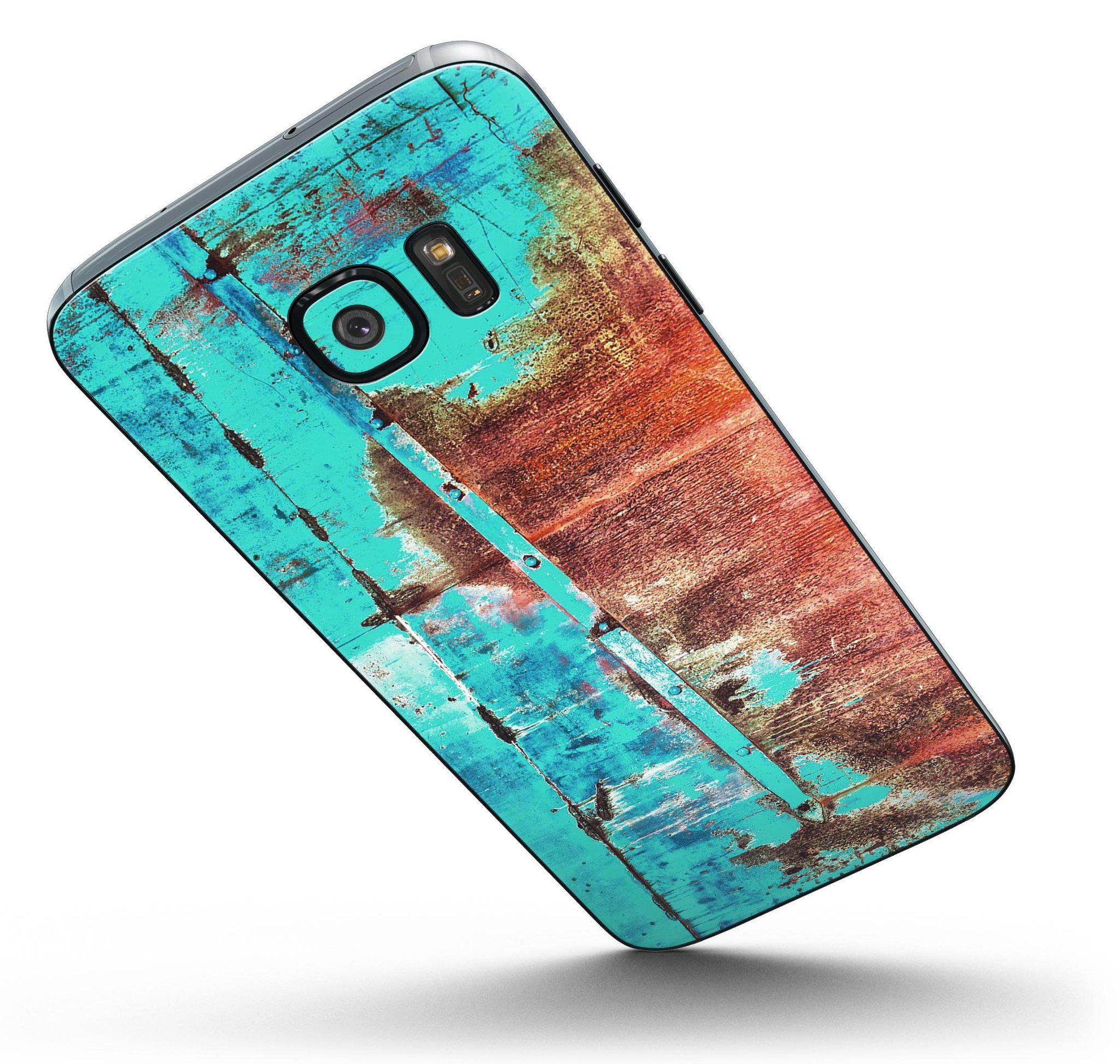 Bright turquoise rusted surface skin kit for Samsung Galaxy S7 and S7 Edge, showcasing vibrant design and premium vinyl material.