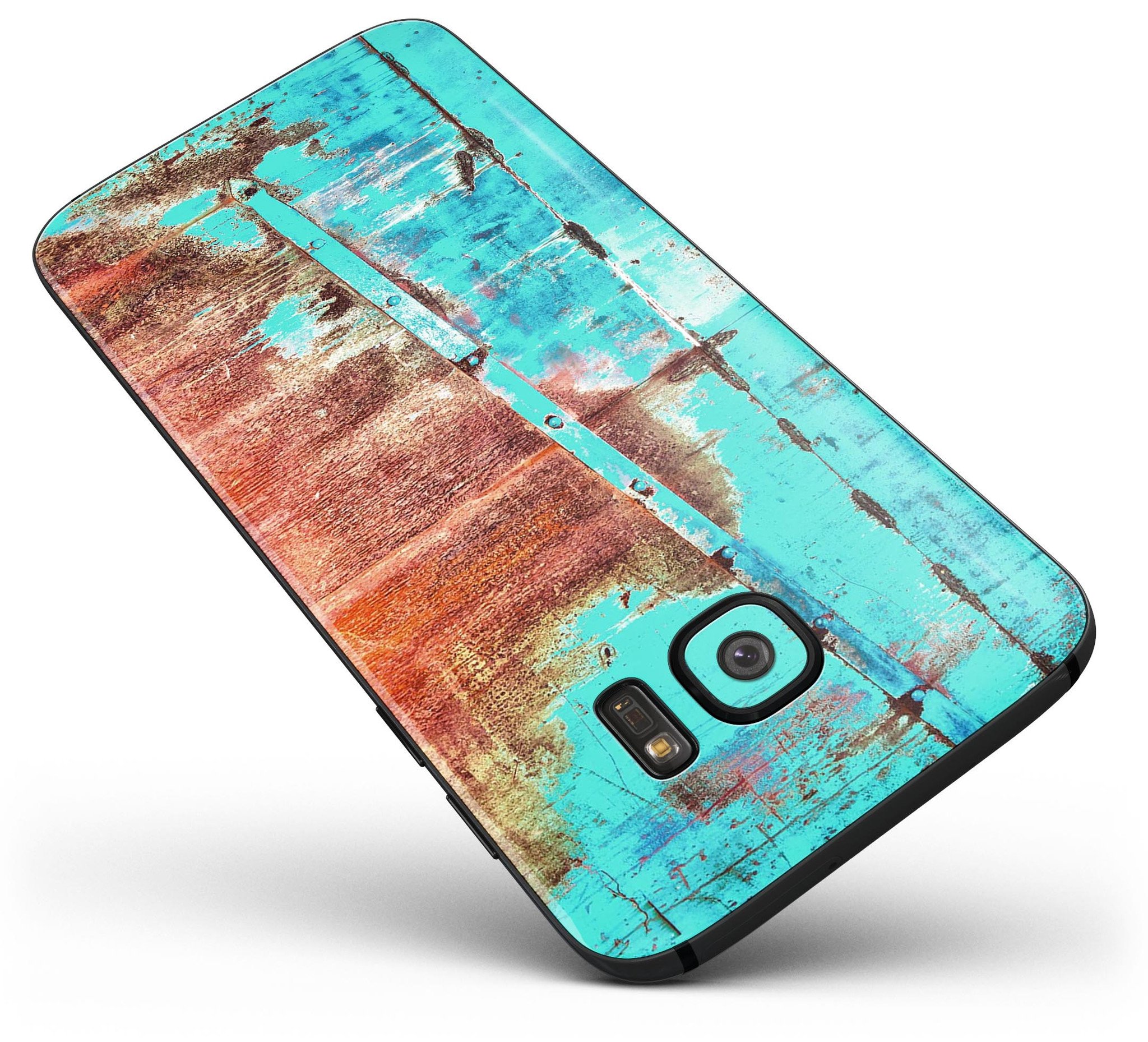 Bright turquoise rusted surface skin kit for Samsung Galaxy S7 and S7 Edge, showcasing vibrant design and premium vinyl material.