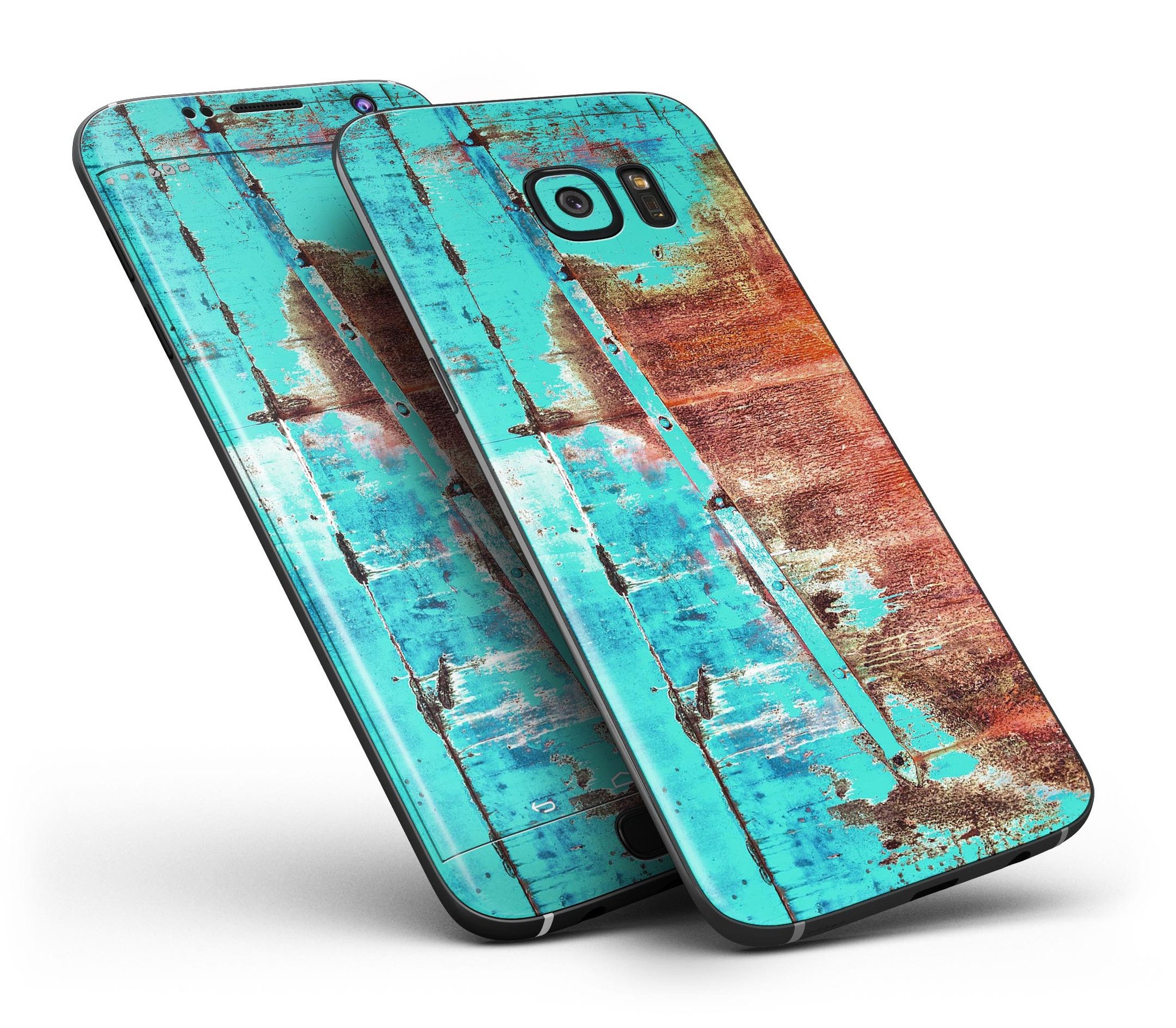 Bright turquoise rusted surface skin kit for Samsung Galaxy S7 and S7 Edge, showcasing vibrant design and premium vinyl material.