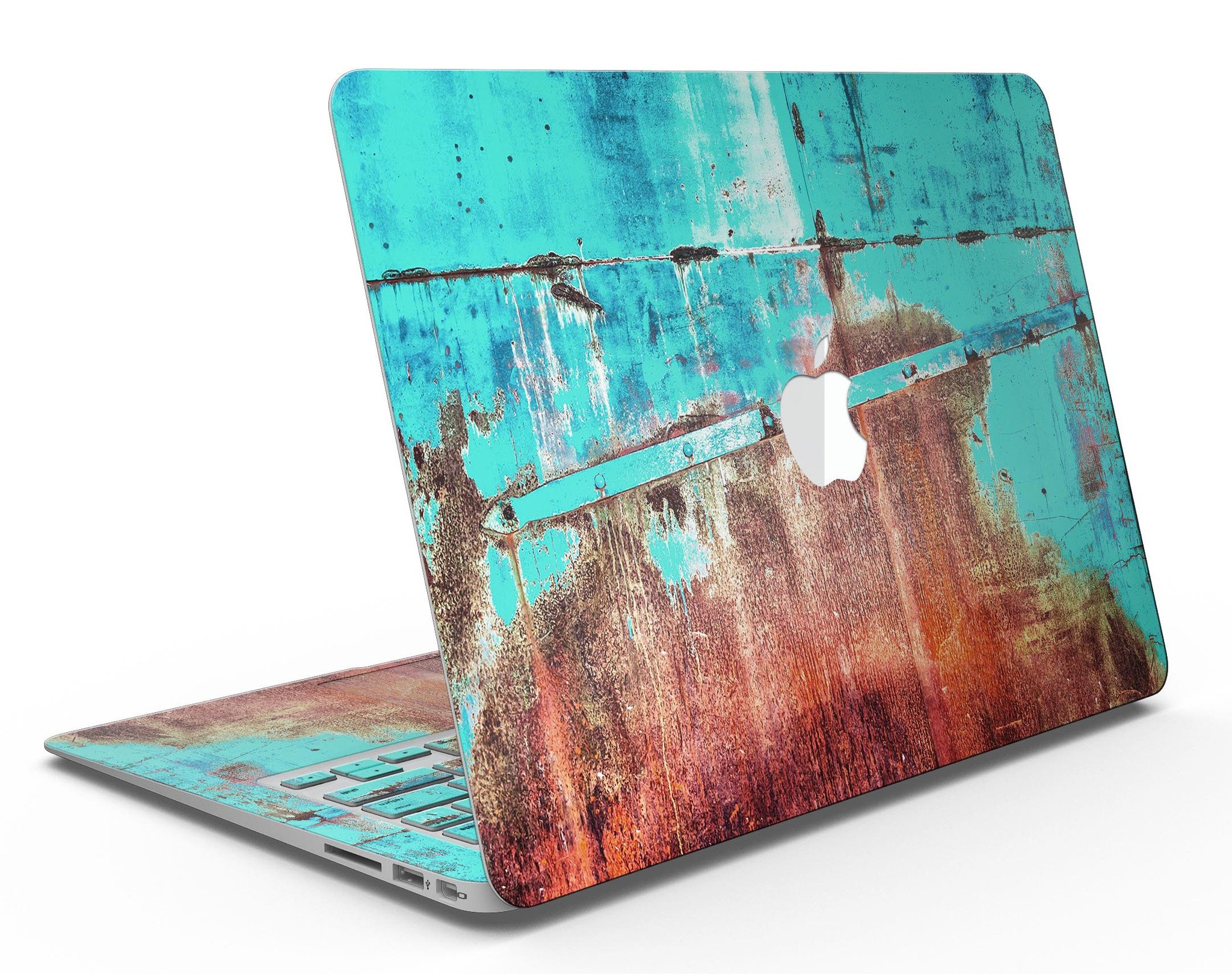 Bright turquoise skin kit for MacBook Air featuring a rusted surface design, showcasing vibrant colors and textures.