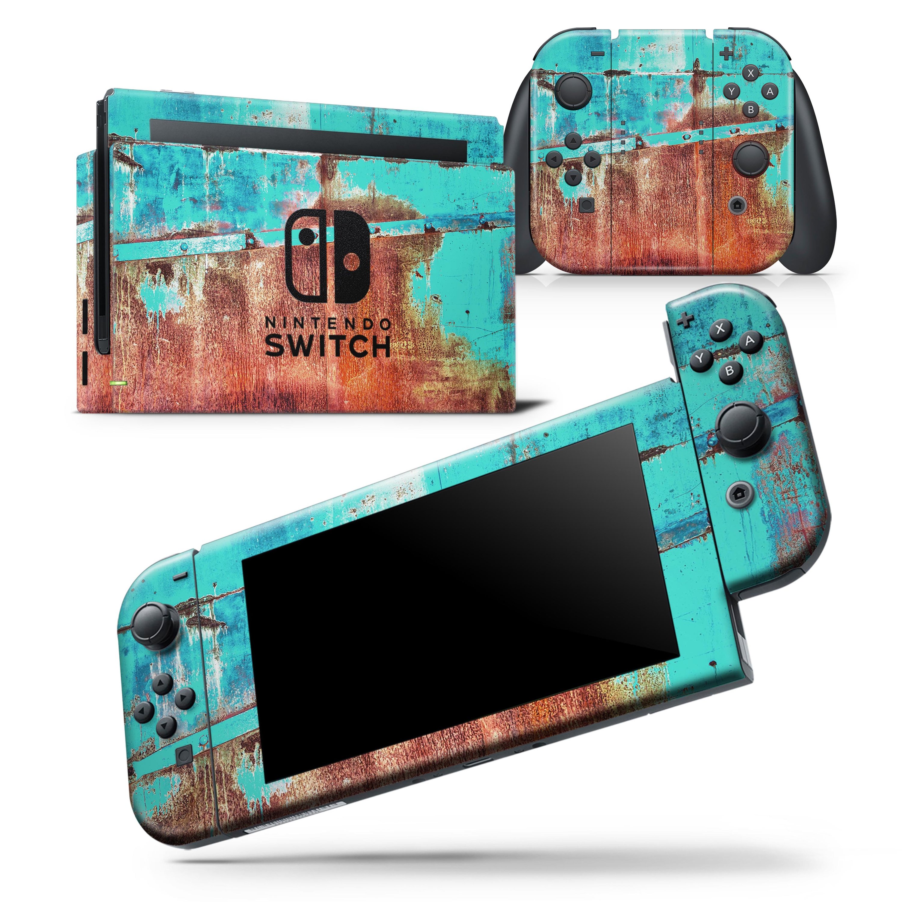 Bright turquoise rusted surface skin wrap decal for Nintendo Switch, showcasing vibrant colors and a unique design.