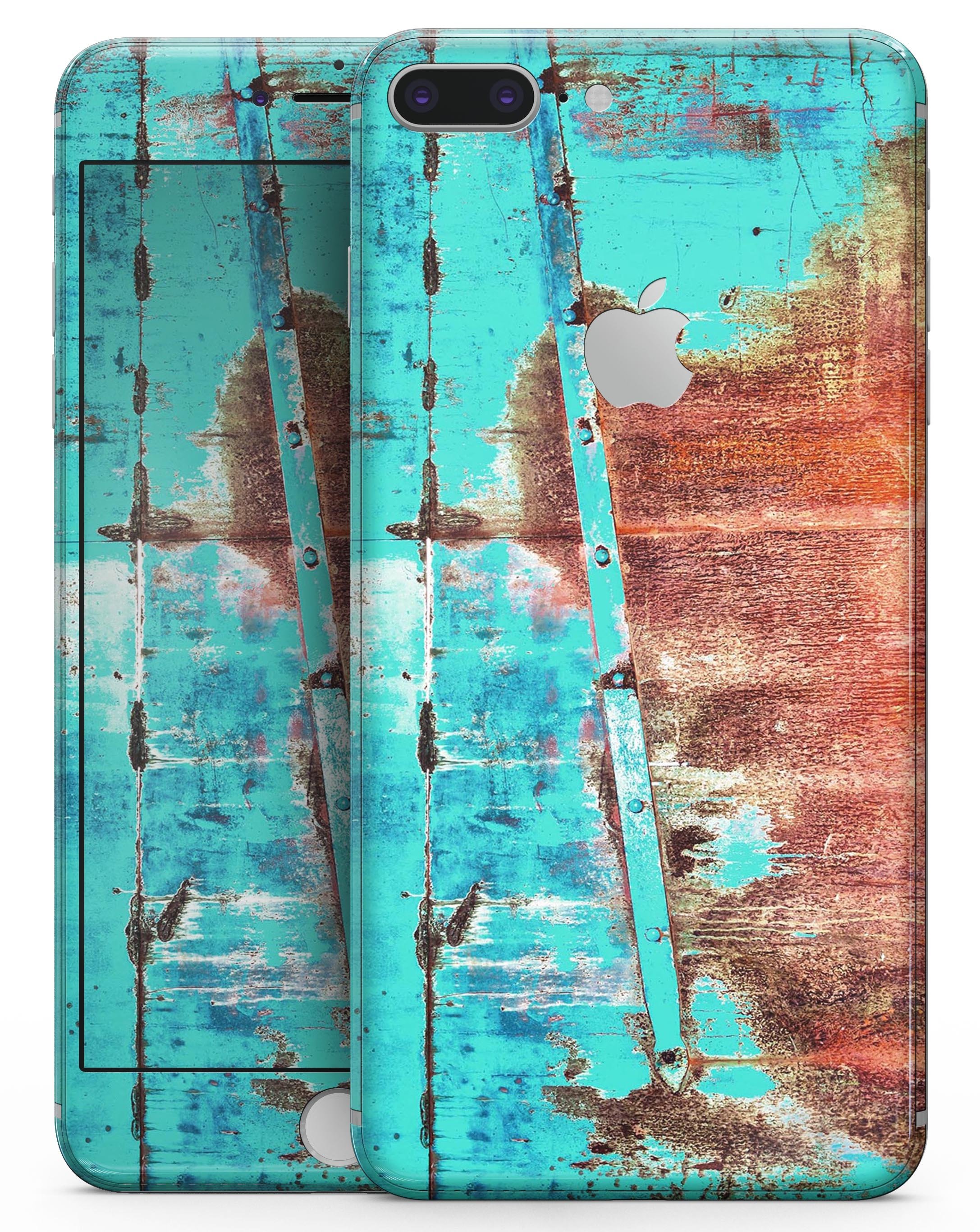 Bright turquoise rusted surface skin for iPhone 8 and 8 Plus, showcasing vibrant colors and a textured design.